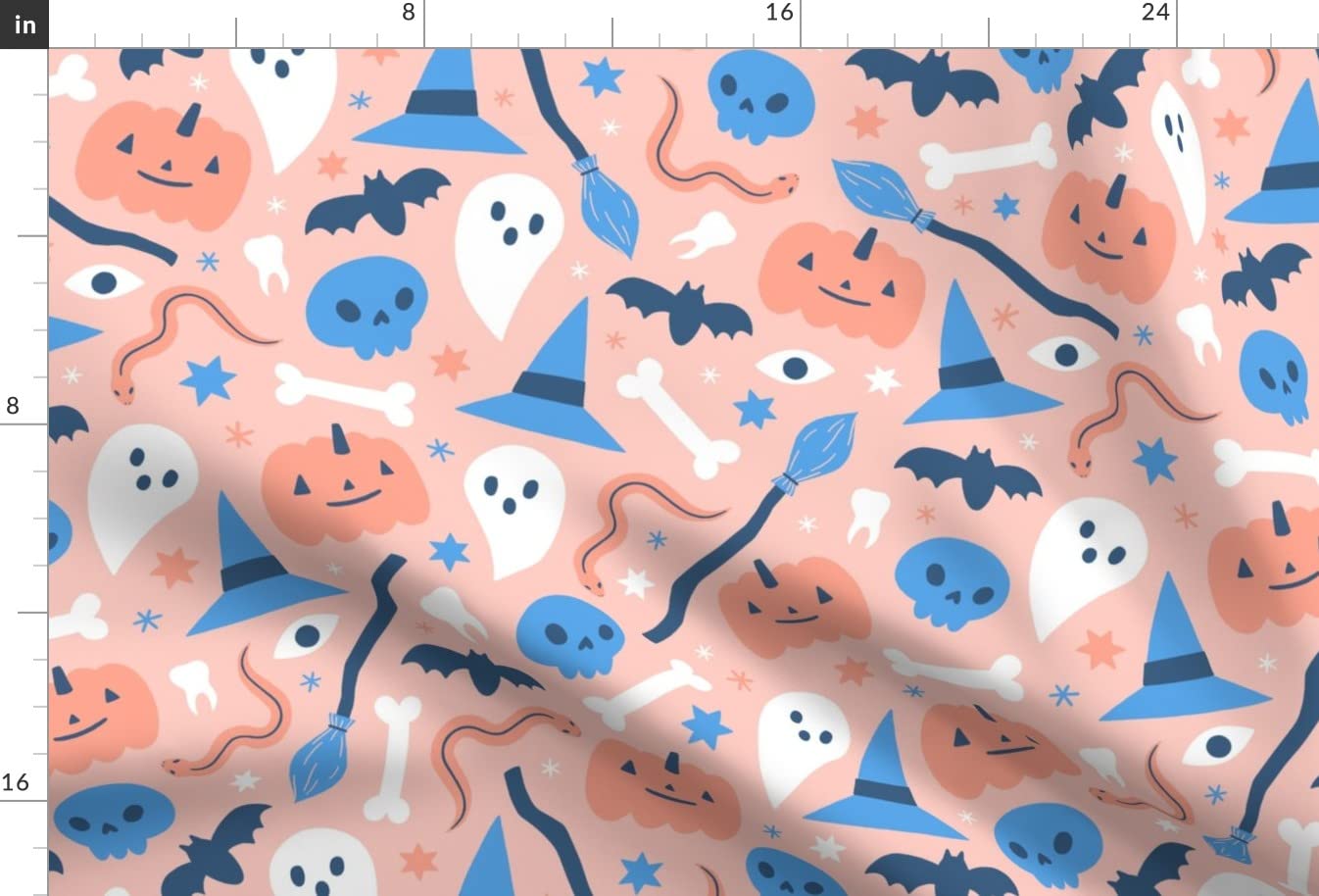 Pastel Pumpkins Skulls Witch Pink Skull Bones Halloween Printed Satin Fabric - Fat Quarter for Sewing, Apparel, Fashion, Blankets & Home Decor | Perfect for Halloween Costumes, Quilting & DIY Craft Projects