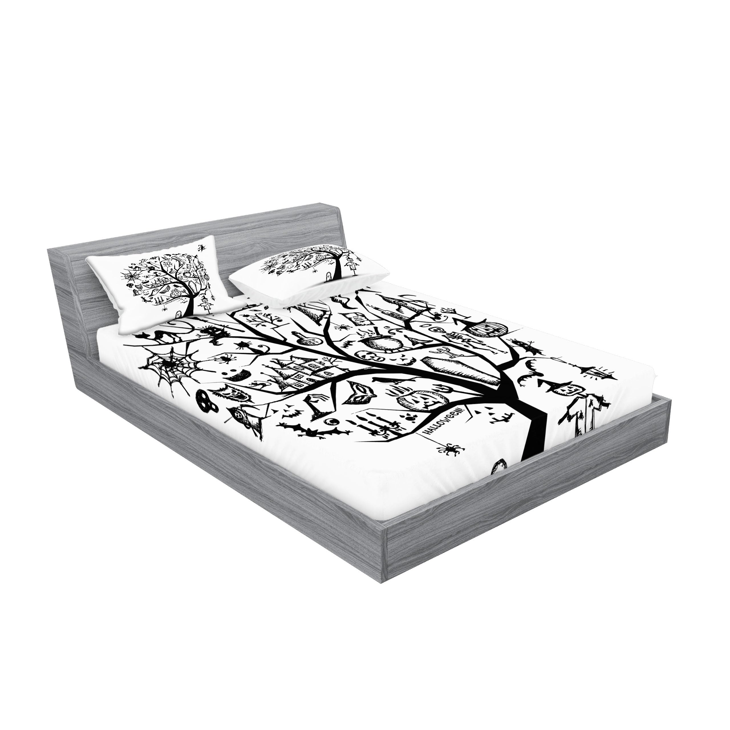 Ambesonne Halloween Fitted Sheet & Pillow Sham Set - Spooky Tree & Witch Broom Abstract Print, 3-Piece Black & White Bedding Set for Full Size Beds | Perfect for Halloween Decor, Themed Parties & Cozy Seasonal Bedroom Makeovers