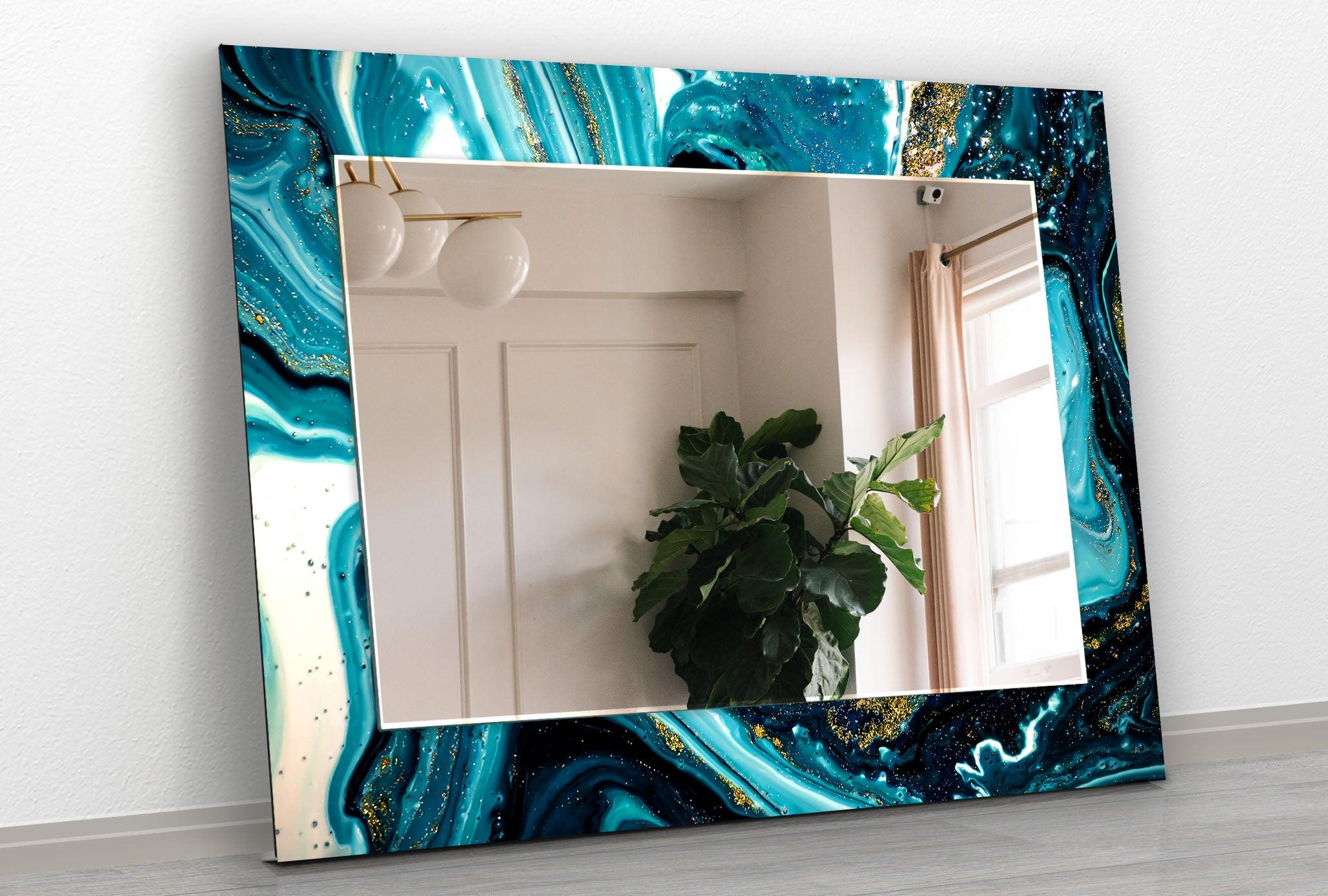 Stylish Blue and White Epoxy Wall Mirror - Modern Decorative Bathroom & Bedroom Vanity Mirror - Perfect for Home Decor, Dressing Areas, and Interior Design Accents