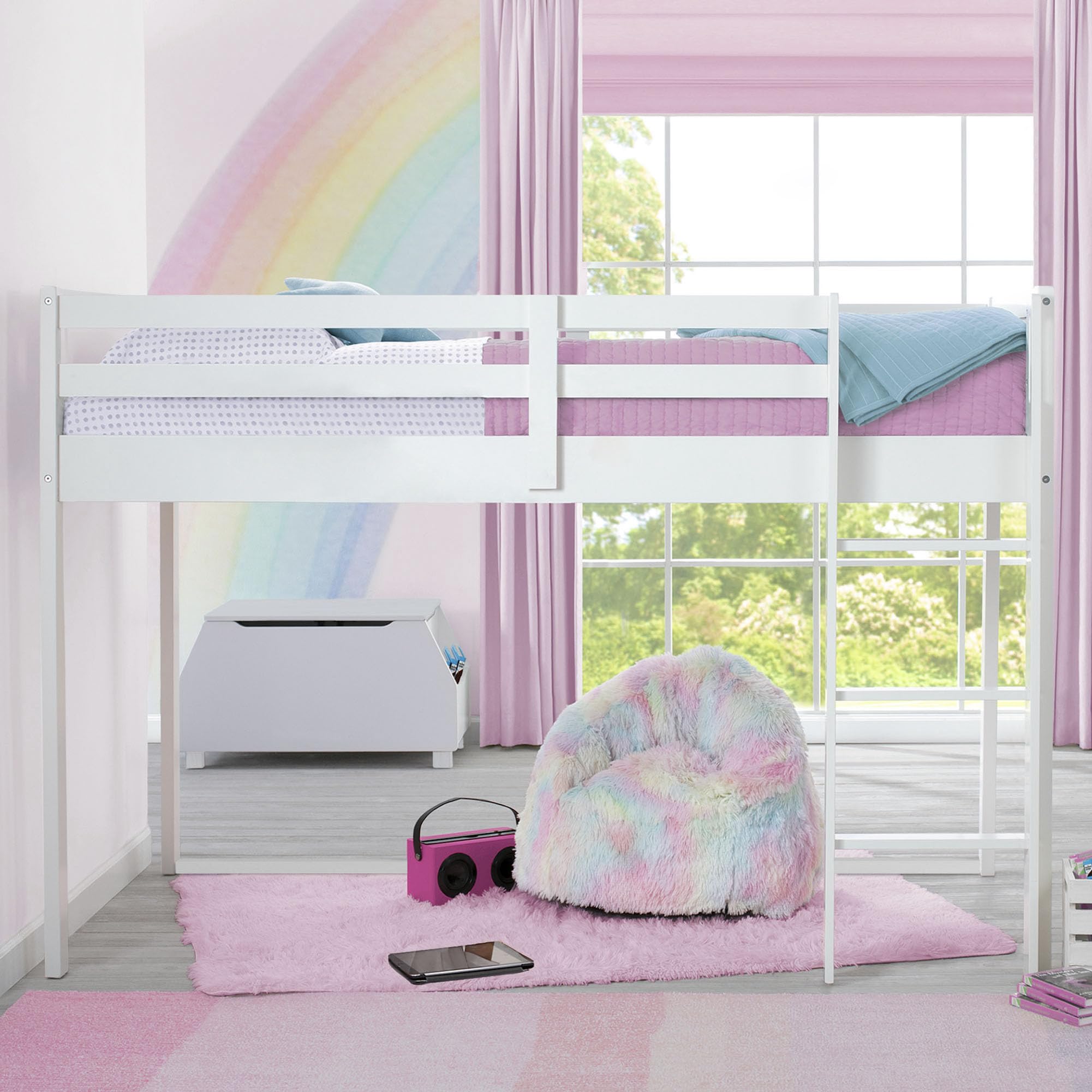 Delta Children Twin Loft Bed with Guardrail & Ladder - White | Safe Kids Bunk Bed for Small Spaces | Coordinates with Disney Princess & JoJo Siwa Tents | Perfect for Bedrooms, Dorms & Tiny Homes
