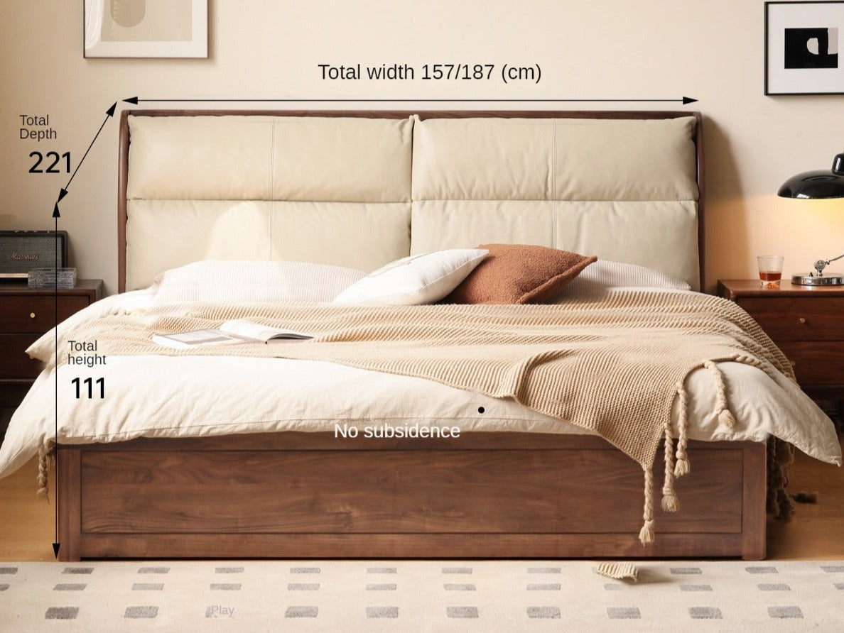 Solid Black Walnut Wood Bed with Genuine Leather Headboard - Luxury Bedroom Furniture for Master Suite, Guest Room & Modern Home Decor