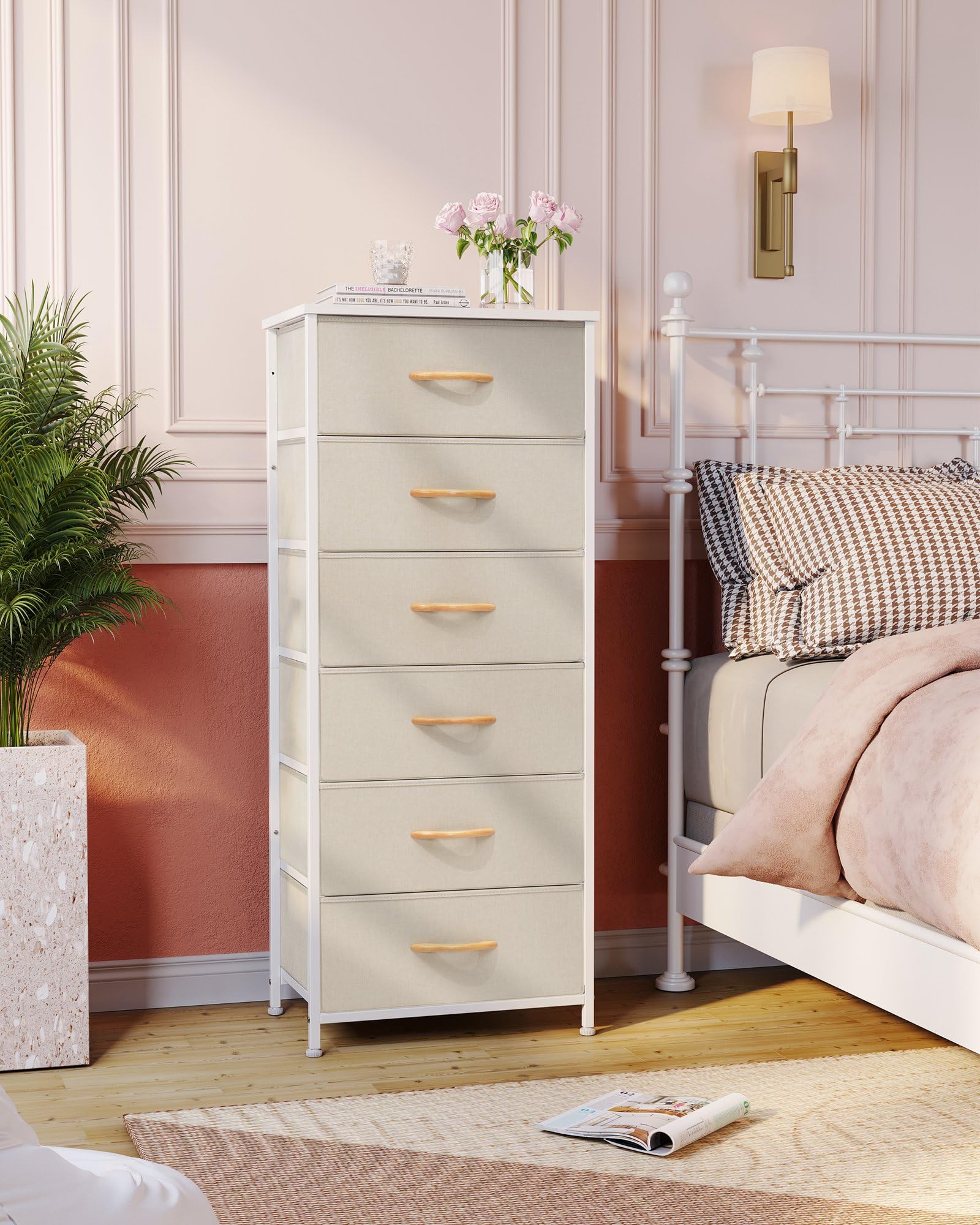 Crestlive 6-Drawer Tall Dresser for Closet - Vertical Storage Tower with Sturdy Steel Frame & Wood Top | Easy Pull Fabric Bin Handles | Bedroom, Hallway & Entryway Organizer | Perfect for Small Spaces & Apartment Living (Beige)