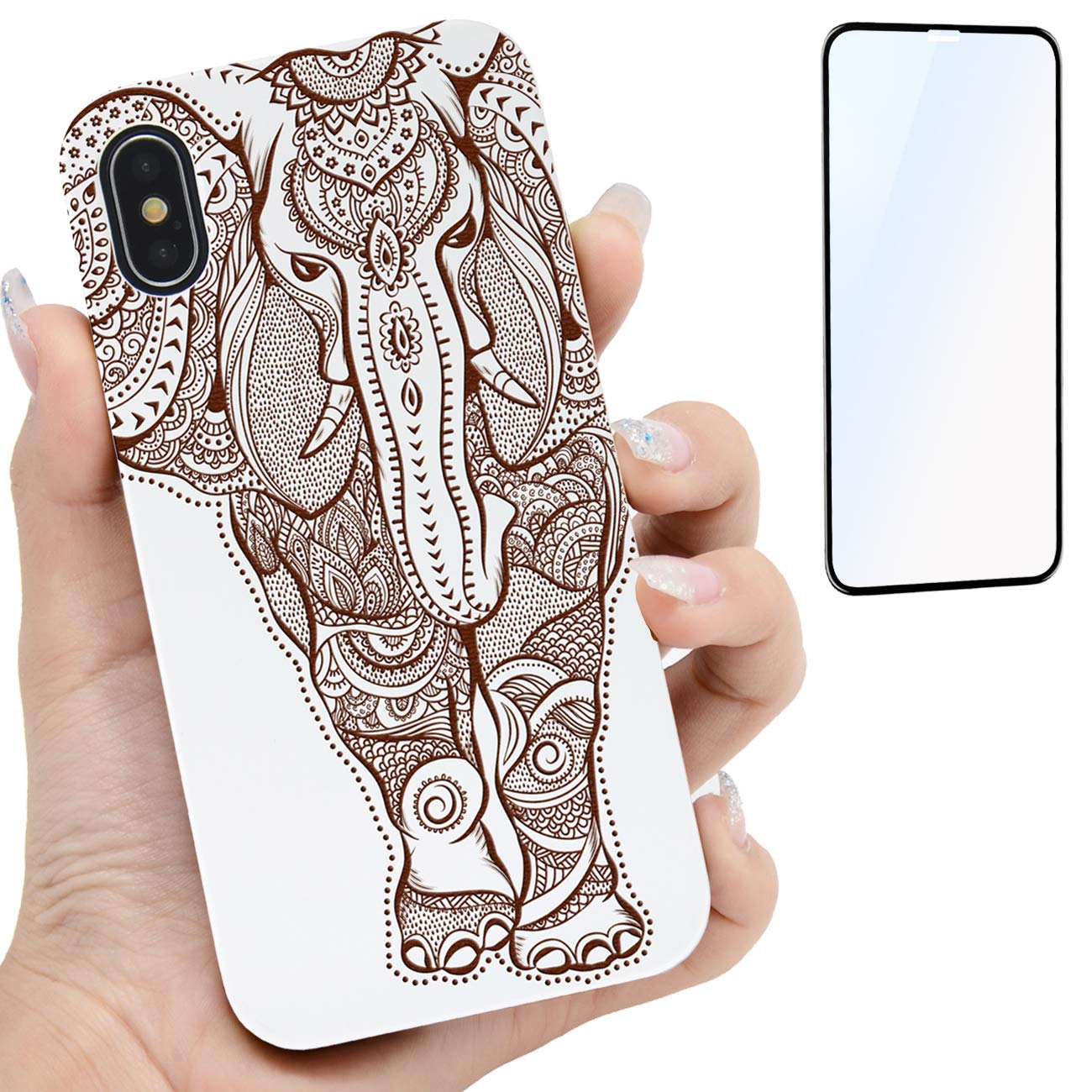 Premium White Elephant Cherry Wood Phone Case for iPhone Xs MAX - Engraved Design, Built-in Metal Plate, Wireless Charging Compatible, Shockproof TPU Cover (6.5