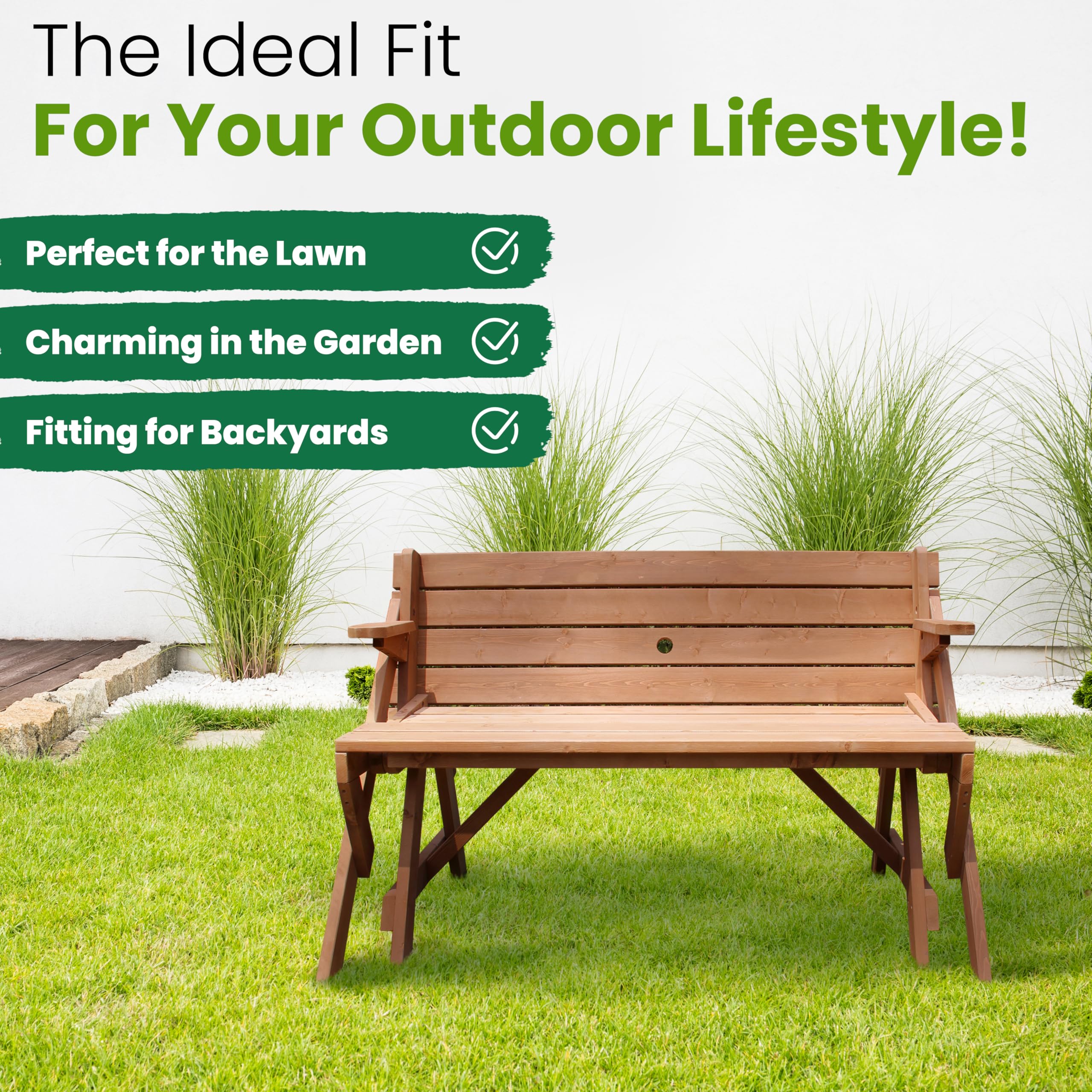 **Merry Garden Interchangeable Wooden Picnic Bench - Outdoor Patio Dining Table Set in Natural & White - Perfect for Backyard, Garden, and Patio Relaxation**