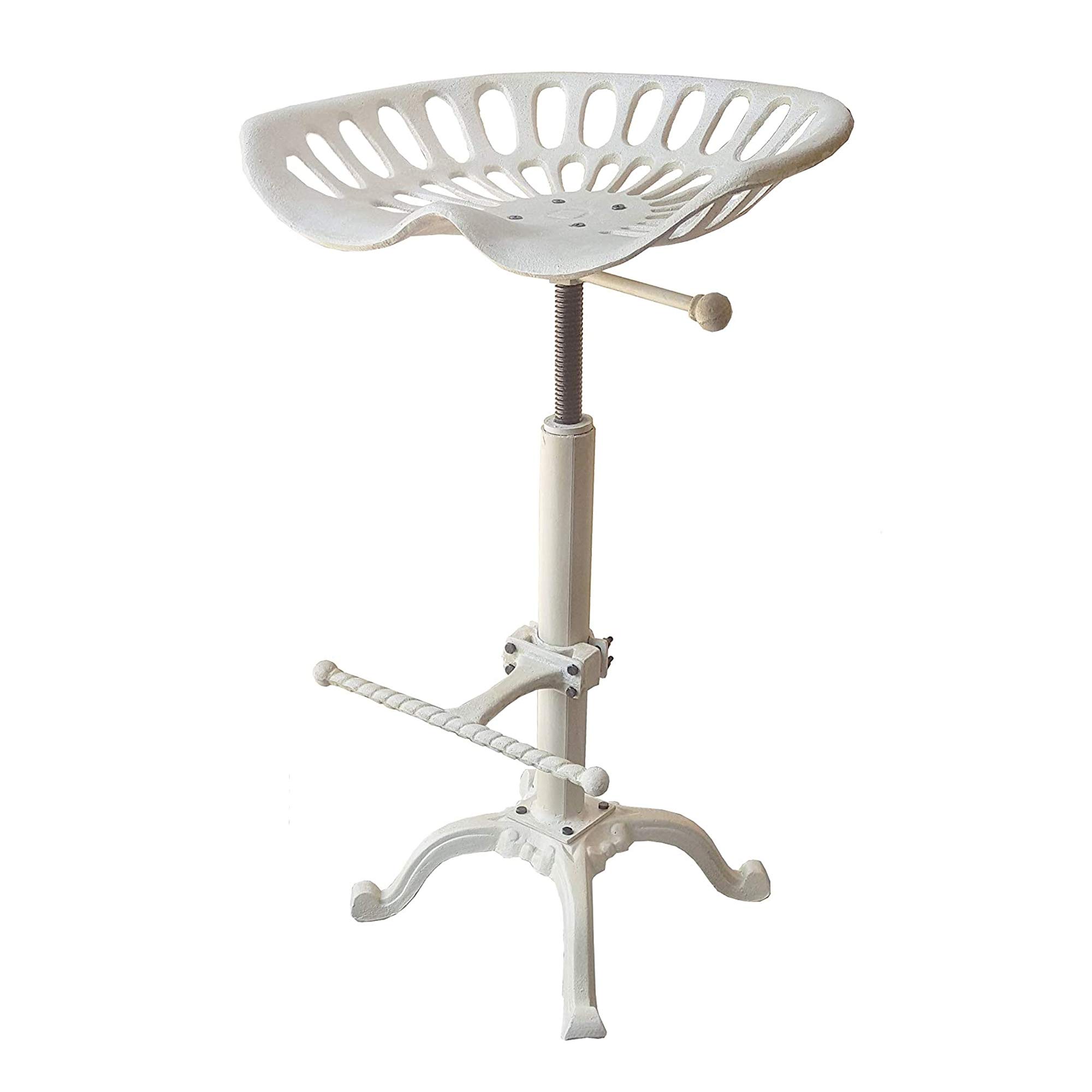 Vintage Adjustable Tractor Seat Stool with Cast Iron Pedestal Base & Foot Rest - Antique White Bar Stool for Kitchen Island, Farmhouse Decor & Industrial Style Dining - JS-93-800AW