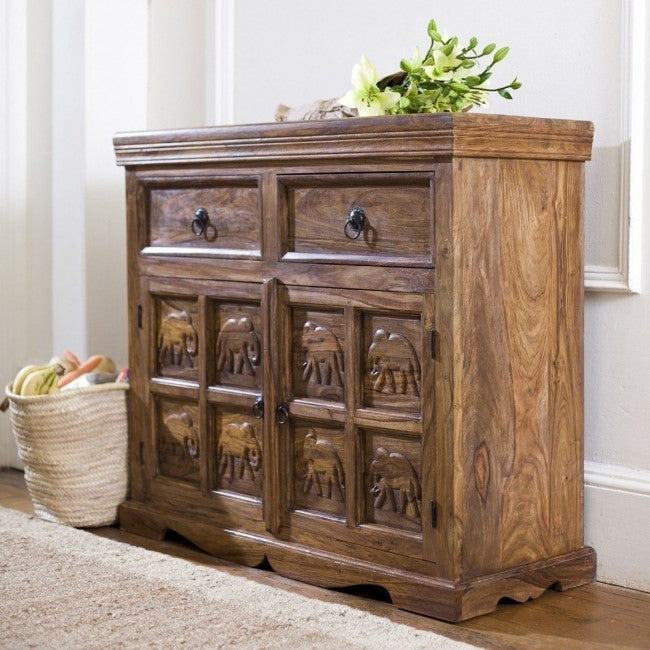 Stylish Elephant Design Indian Solid Wood Sideboard - Handcrafted Storage Cabinet for Living Room, Dining Room & Home Decor