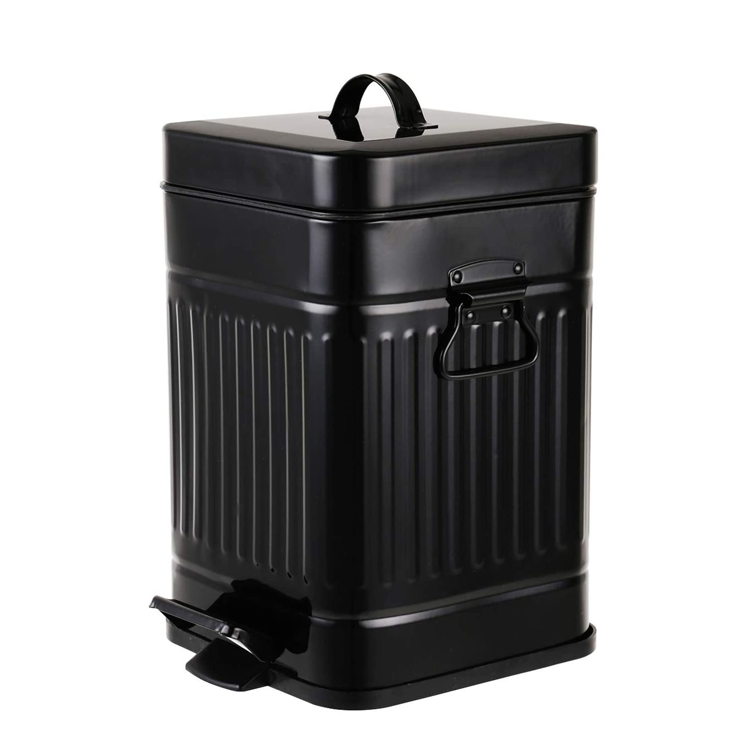 Vintage Metal Bathroom Trash Can with Lid - 5 Liter/1.3 Gallon Small Garbage Bin for Home, Bedroom & Office - Soft Close Retro Step Wastebasket in Glossy Black - Perfect for Bathrooms, Bedside, Home Office & Dorm Rooms