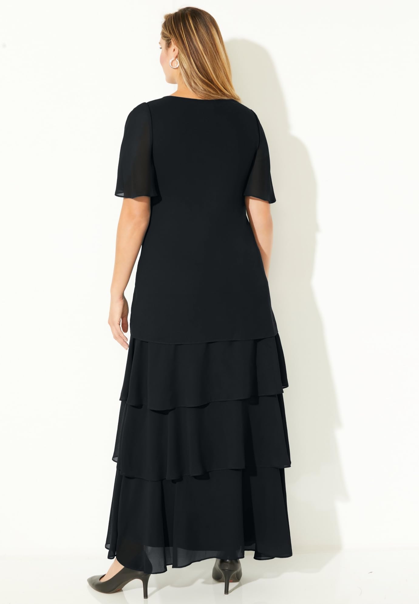 Catherines Women's Plus Size Tiered Chiffon Maxi Dress - Flowy Elegant Long Dress for Casual Wear, Beach Vacation & Special Occasions