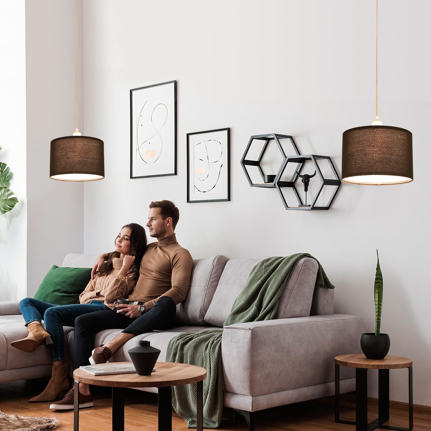 2 Pack Plug in Pendant Light with 15Ft Clear Cord & On/Off Switch - Black Fabric Lamp Shade Hanging Light Fixture for Bedroom, Kitchen, Dining Table & Living Room - Perfect for Modern Home Decor, Farmhouse Style & Apartment Lighting