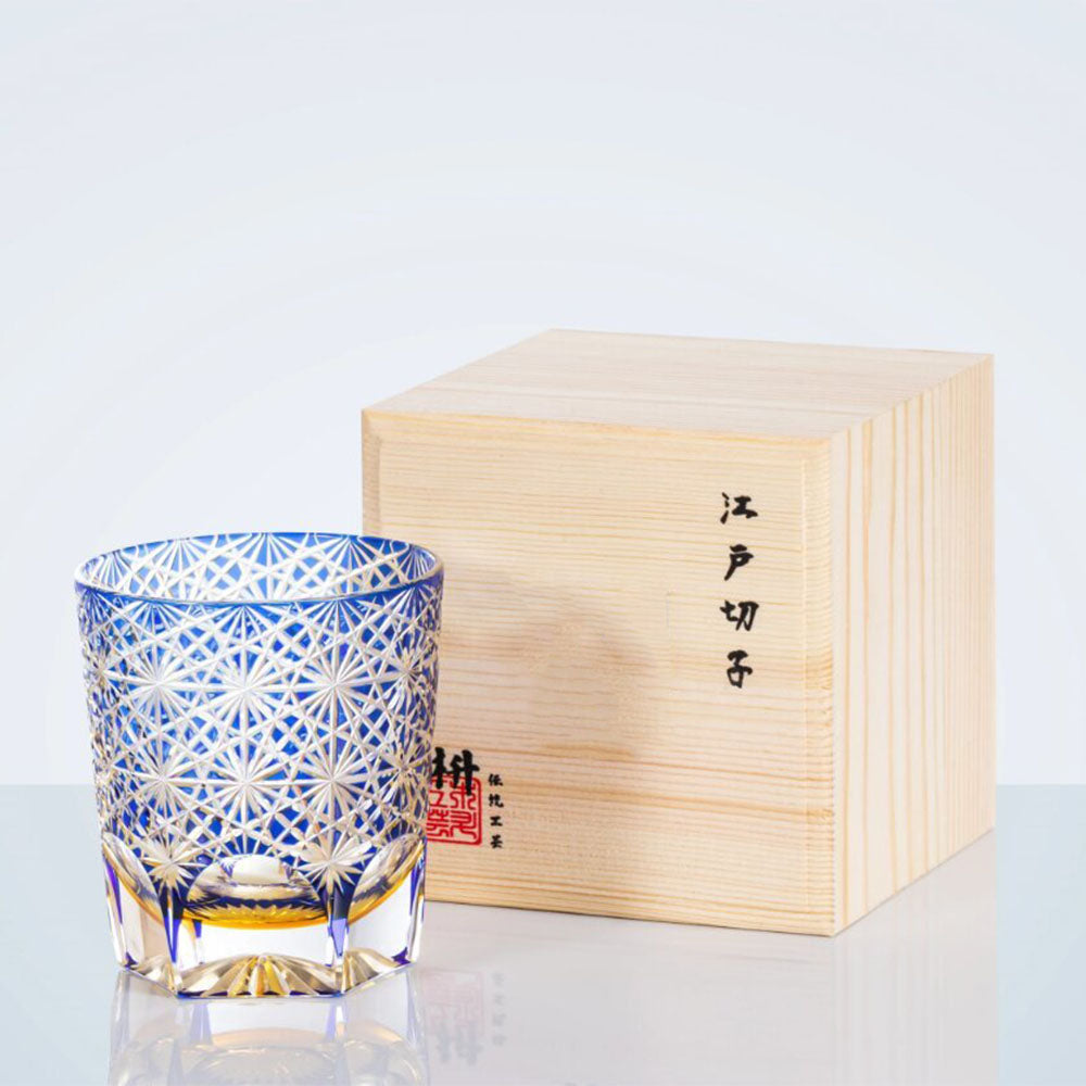 Premium Edo Kiriko Royal Blue Star Chrysanthemum Whisky Glass - Handcrafted Japanese Cut Crystal Tumbler for Whiskey, Cocktails & Tea - Elegant Barware & Gift for Home Entertaining