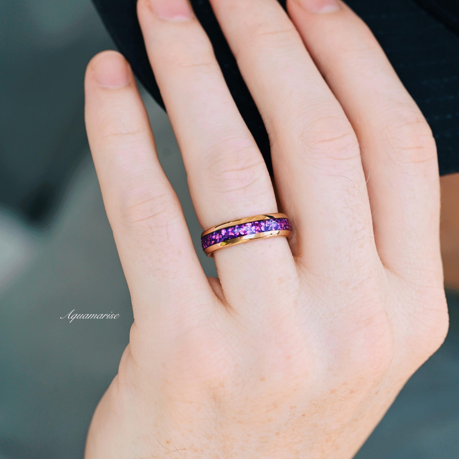 6MM Rose Gold Tungsten Wedding Band with Crushed Amethyst Inlay - Elegant Unisex Ring for Weddings, Anniversaries & Special Occasions
