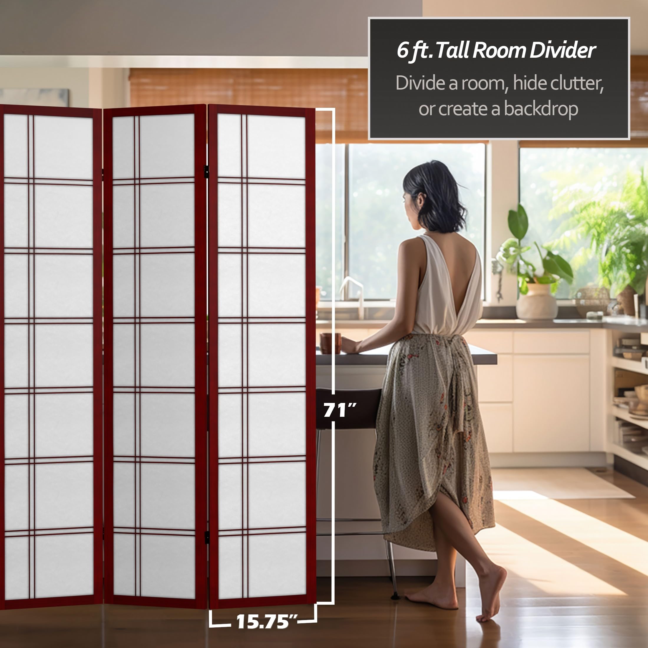 6 ft Tall Red Lantern Canvas Double Cross Rosewood Room Divider - 6 Panel Folding Screen for Home Decor, Office Partition & Event Backdrop