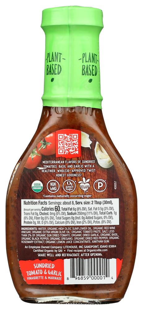 Organicville Sun Dried Tomato Garlic Vinaigrette - 12 Pack (8 Oz Each) | Premium Organic Salad Dressing | Perfect for Salads, Pasta & Marinades