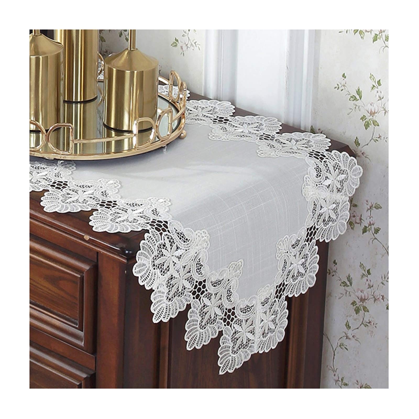 Daesar 18x80 Inch Christmas Table Runner - White Embroidered Floral Lace Polyester Tablecloth Decor for Holiday Dining & Party Decorations