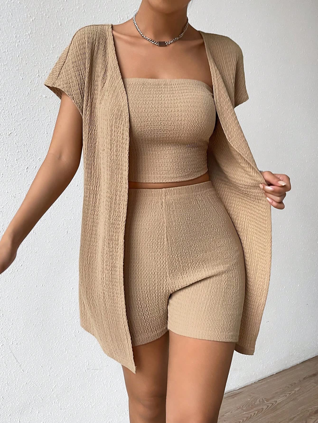 Milumia Women's 3 Piece Knit Outfit Set - Tube Top, Shorts & Short Sleeve Cardigan | Summer Beachwear, Casual Street Style & Vacation Outfits