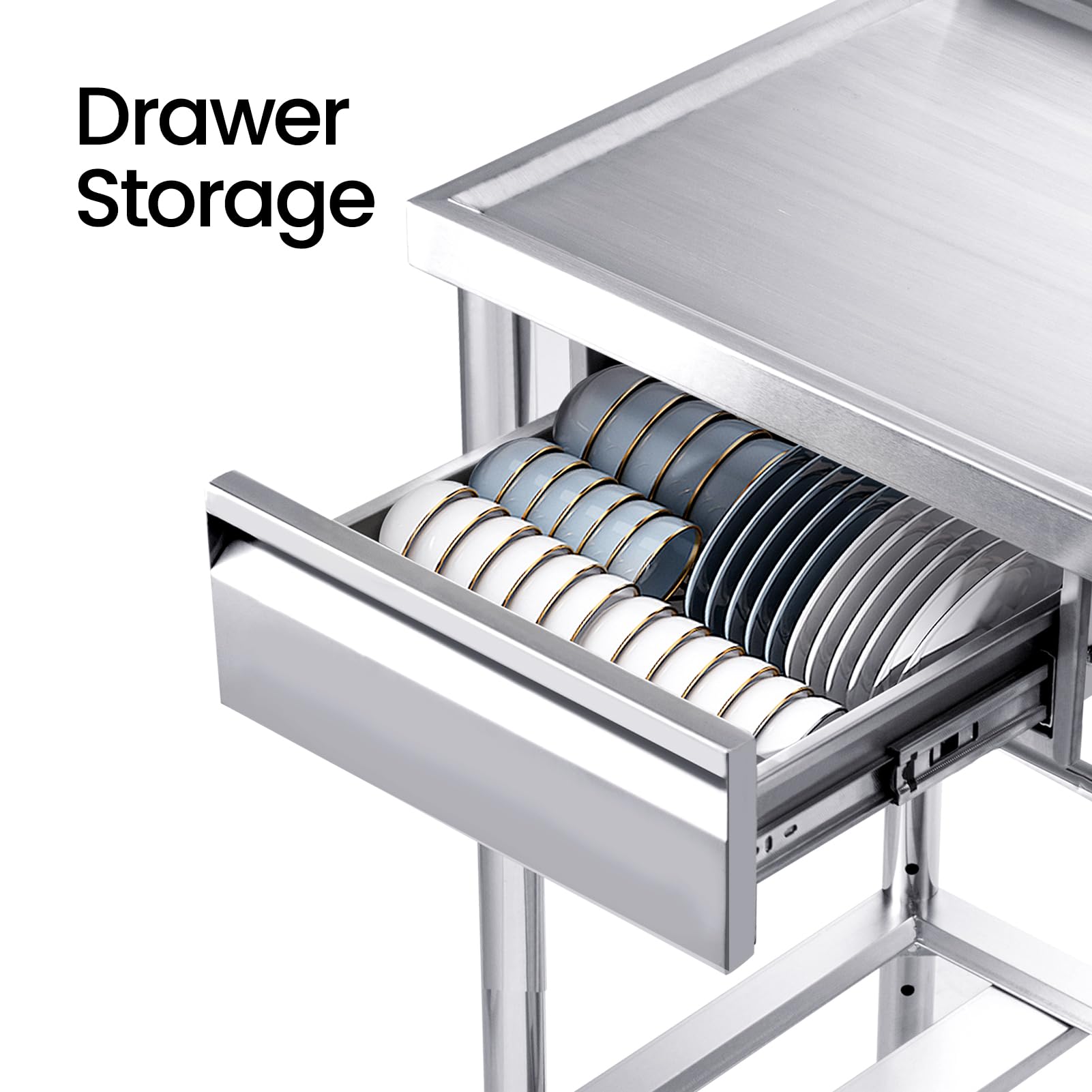 YORKING 39-inch Stainless Steel Utility Sink with Drawer Storage | Free Standing Single Bowl Kitchen Sink | Hot & Cold Water Pipes | Indoor & Outdoor Use for Laundry, Garage, or Garden