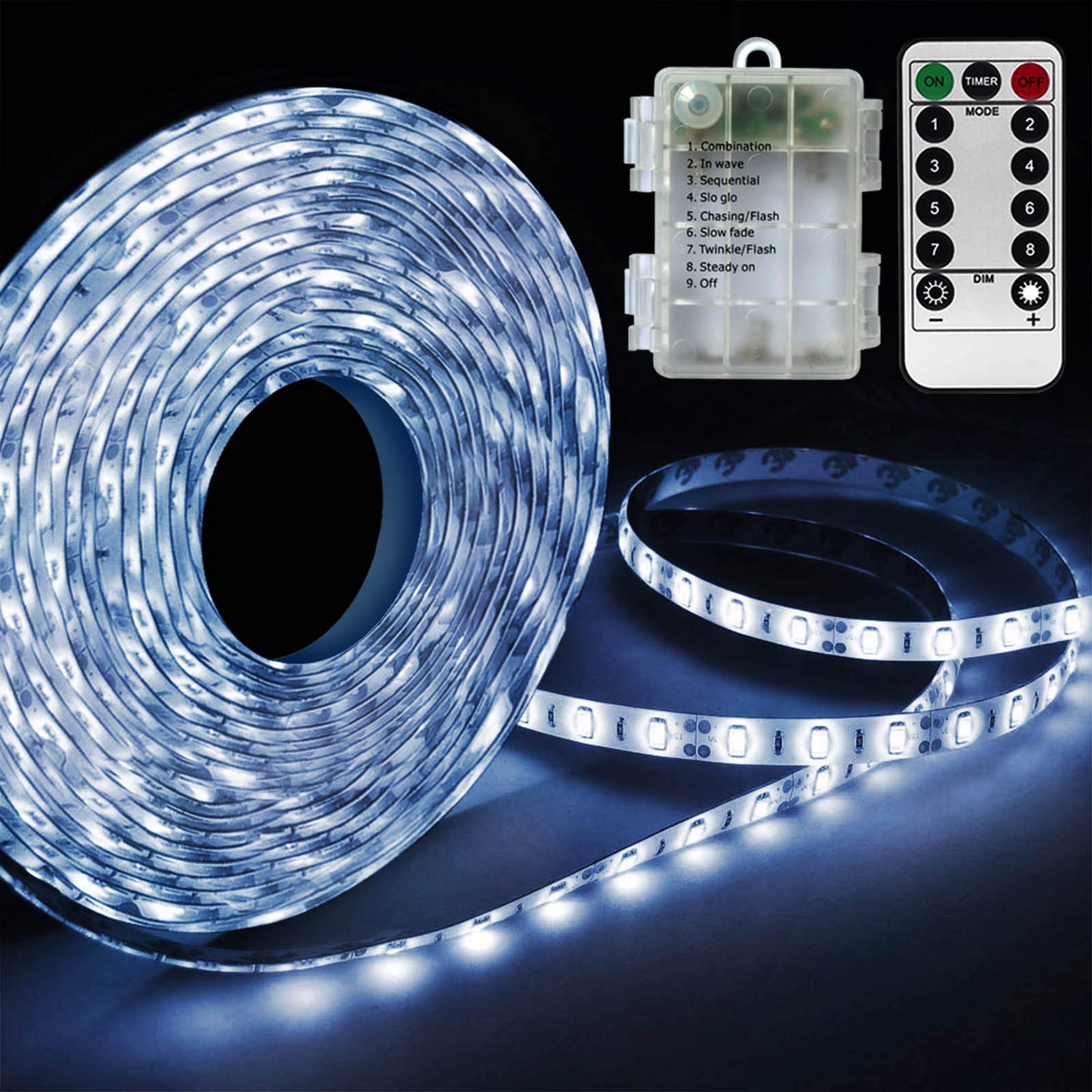 Battery Powered White LED Strip Lights - Waterproof 8 Mode Remote Control with 90 LEDs (9.8FT) for Night Riding, Camping, Halloween Decor, Emergency Lighting & Home Bedroom Decoration - Perfect for Parties, Tents, Windows & Costume Parades