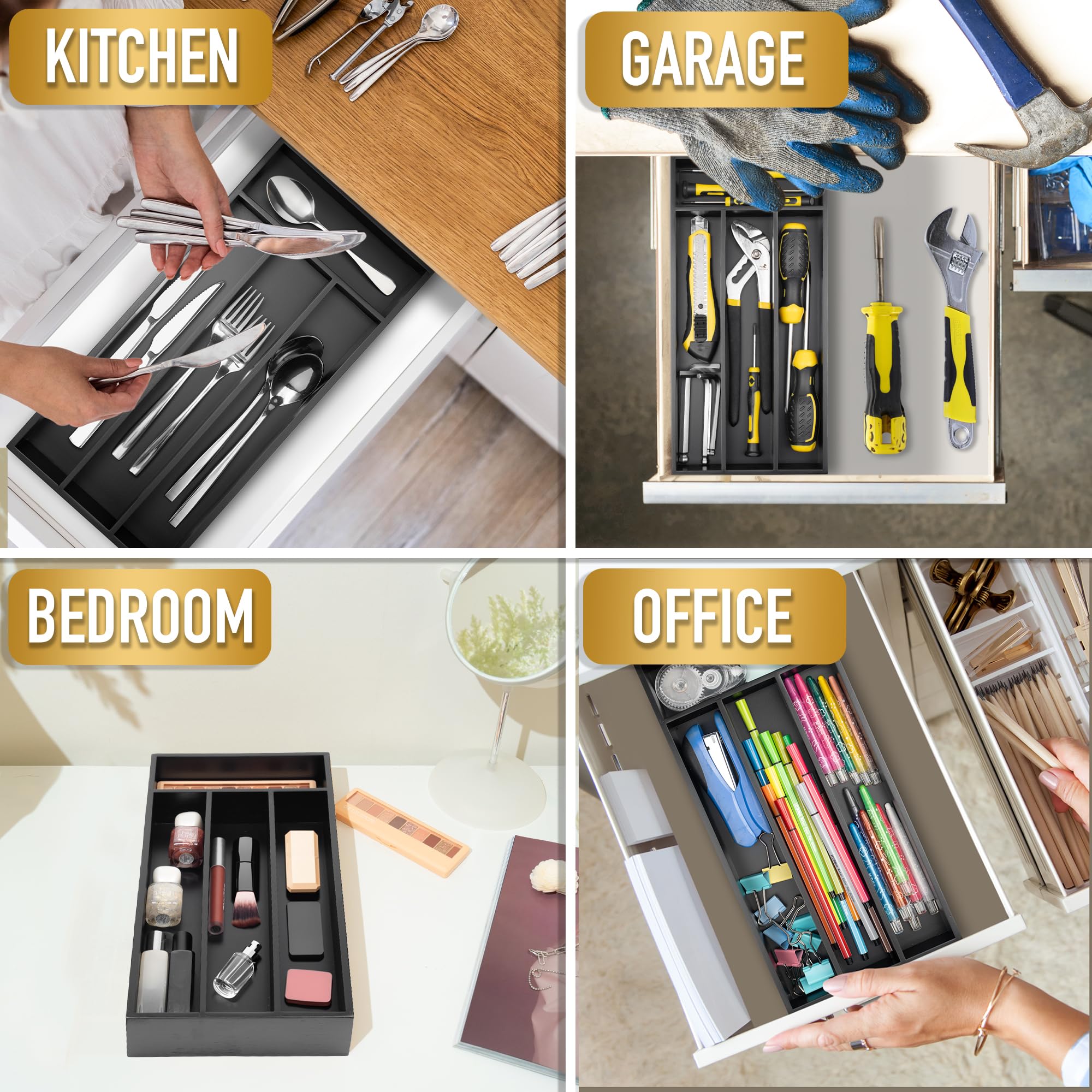 Premium Bamboo Silverware Organizer - 4 Slot Black Kitchen Drawer Tray for Utensils, Cutlery & Flatware | Space-Saving Drawer Storage Solution for Small Kitchens & Dining Areas