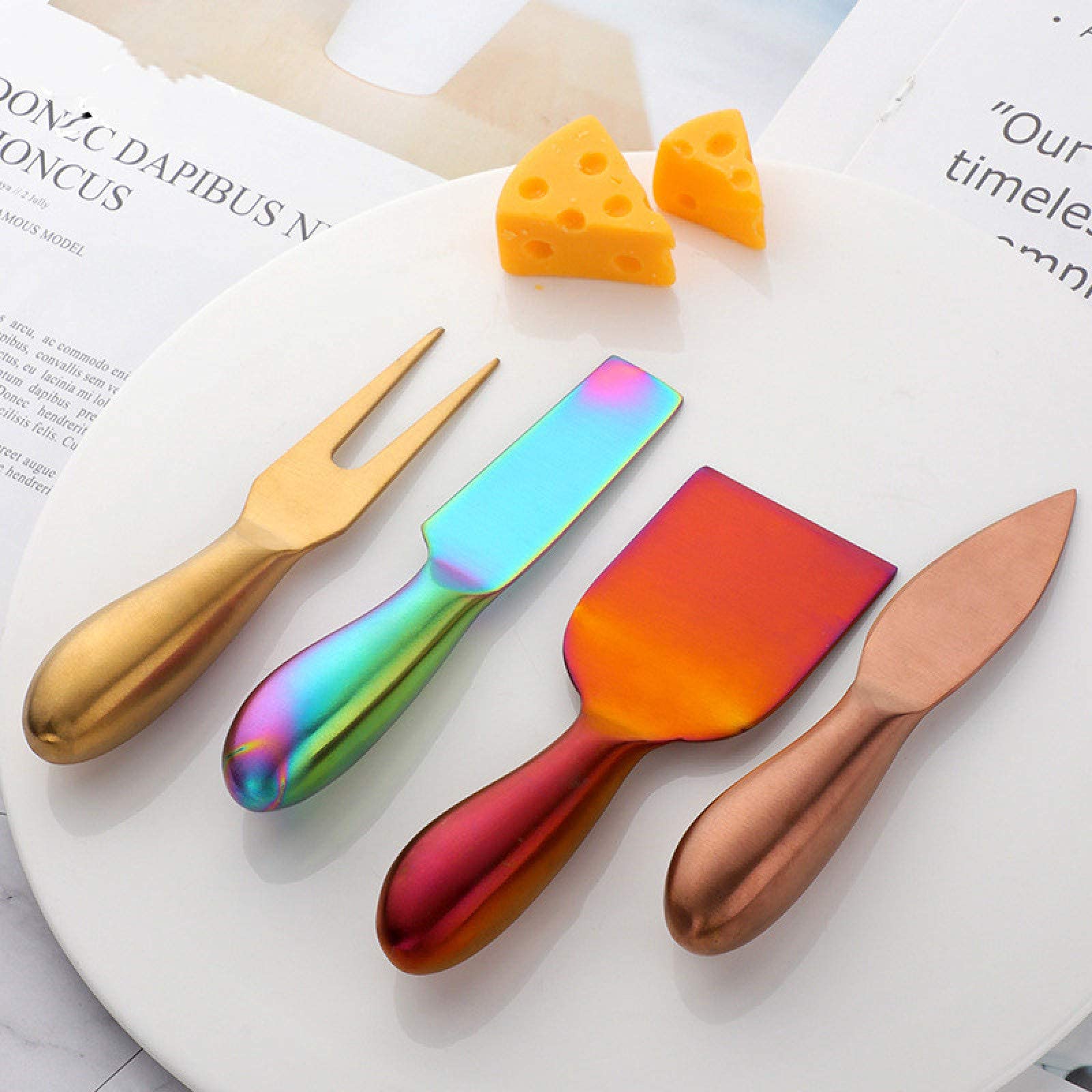 4-Piece Stainless Steel Cheese Knife Set - Cheese Shaver, Spreader, Knives & Fork - Butter Cutter for Cream, Jam, Pizza - Perfect for Charcuterie Boards, Wine Parties & Gourmet Cooking