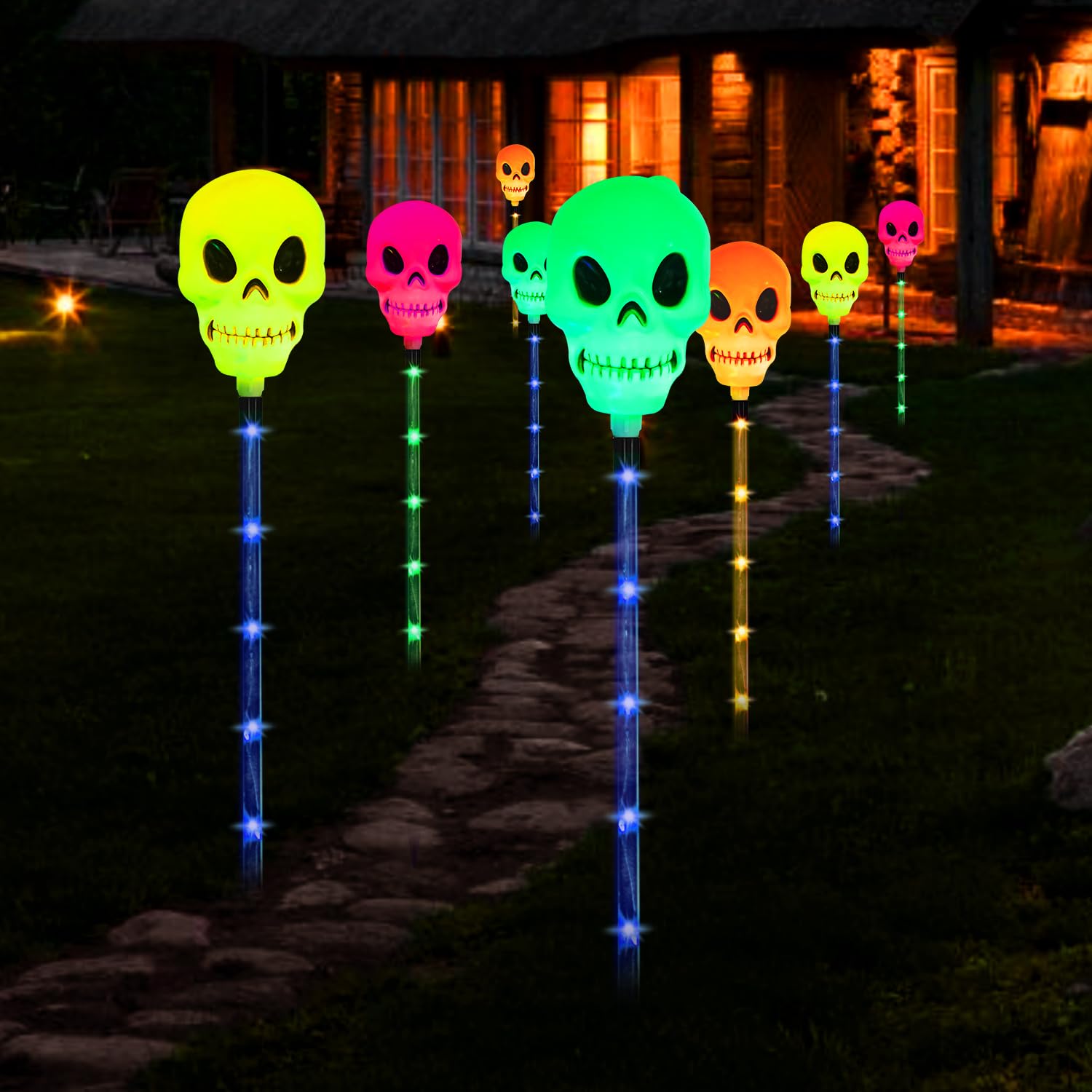 Aovciust 4-Pack Solar Halloween Pathway Lights - Waterproof Multi-Color Skeleton Outdoor Decor for Yard, Garden, Walkway | Perfect for Halloween Party Decorations, Spooky Lawn Lighting, and Nighttime Pathway Illumination