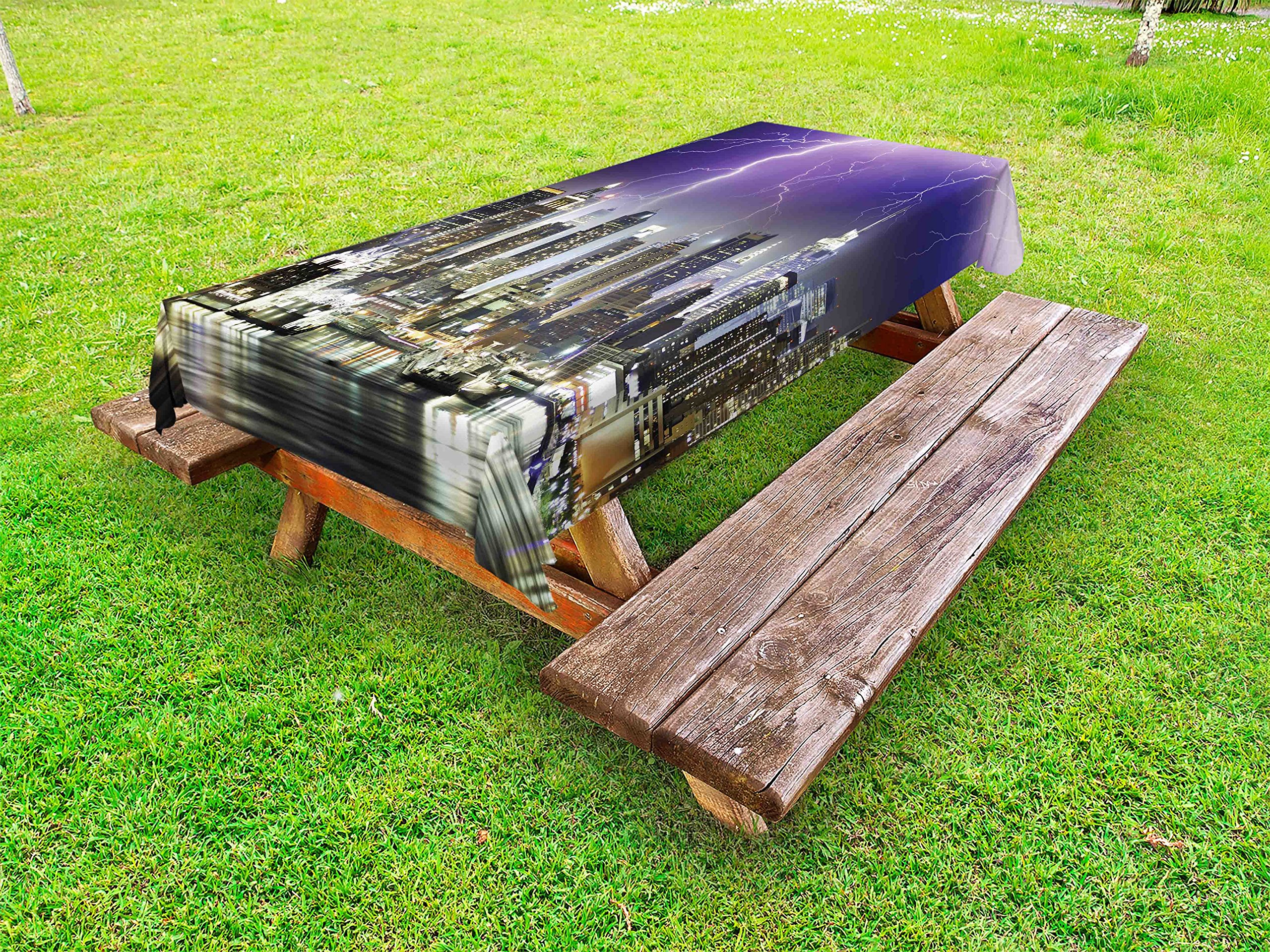 Ambesonne Waterproof Outdoor Tablecloth - New York City Stormy Night Skyline Design, Washable Picnic Table Cover 58x84 Inches, Indigo Lilac Charcoal Grey for Patio, BBQ, Camping & Outdoor Dining