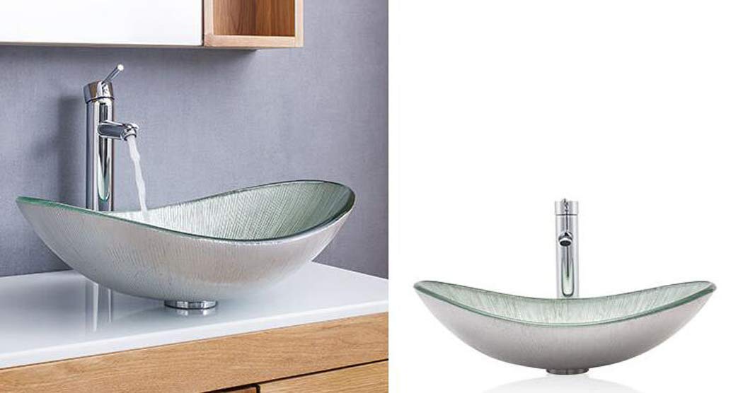 Modern Silver Tempered Glass Vessel Sink - Boat Style Bathroom Vanity Sink with Pop-up Drain & Mounting Ring - Above Counter Utility Sink for Contemporary Bathrooms & Powder Rooms