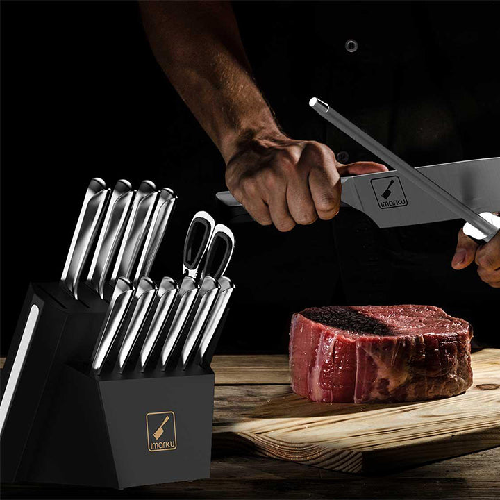 14-Piece Premium Stainless Steel Cookware Set & 15-Piece Kitchen Knife Set - Nonstick Pots & Pans with Ergonomic Knives for Professional Chefs & Home Cooking