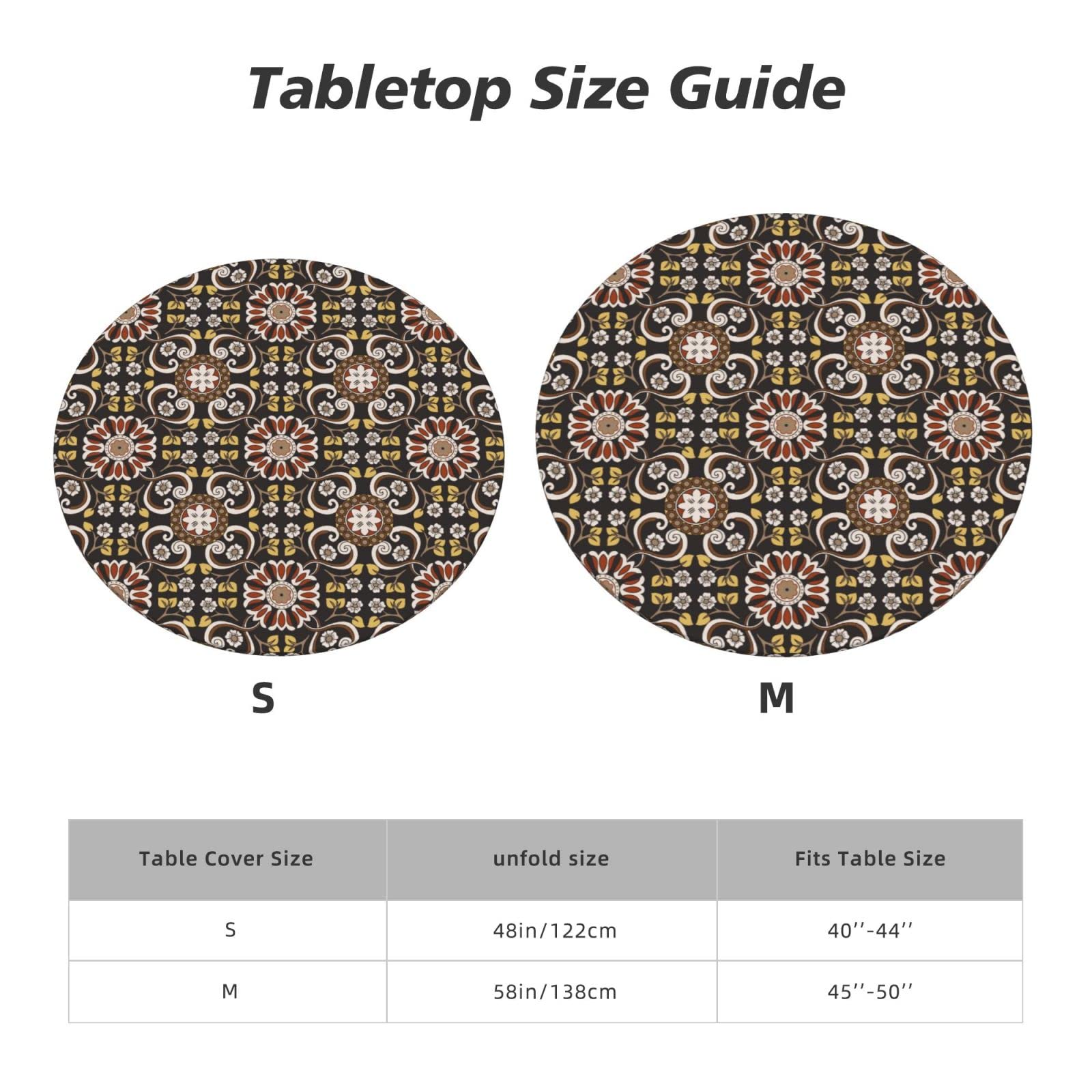 Floral Medallion Elastic Round Fitted Tablecloth - Waterproof & Wipeable Stretch Table Cover for 40