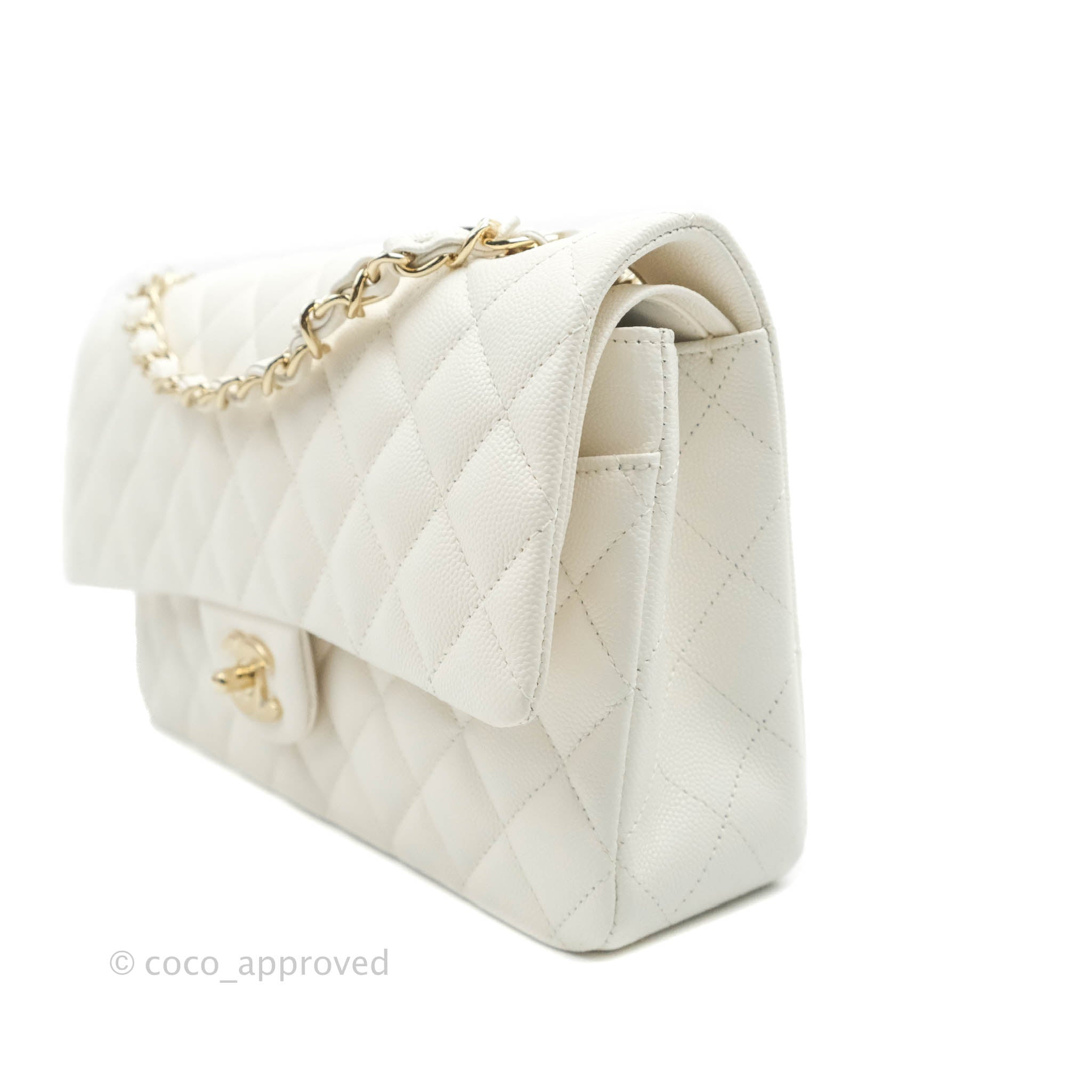 Chanel Classic Medium Double Flap Bag in White Caviar Leather with Gold Hardware - Perfect for Luxury Everyday Wear & Special Occasions