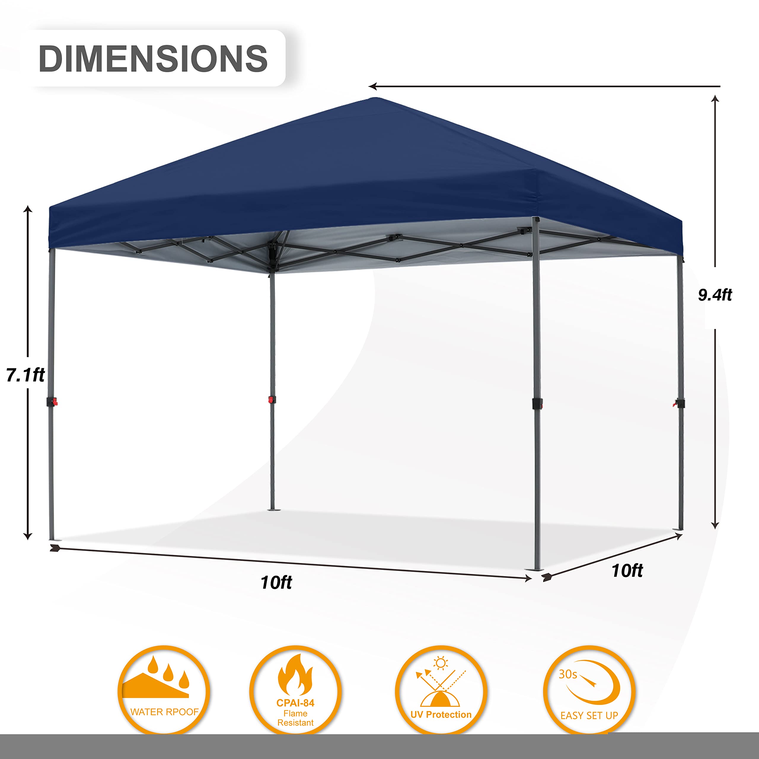 10x10 Pop Up Canopy Tent with Wheeled Carry Bag - Portable Outdoor Shelter for Backyard, Beach, Camping & Events - Includes 4 Ropes, Stakes & Sandbags - Navy Blue