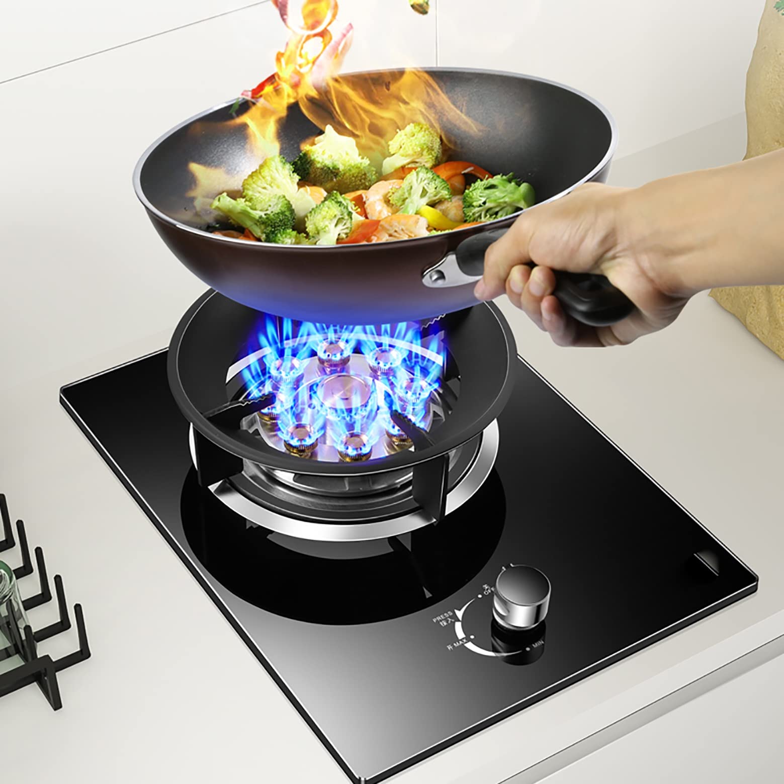33CM Gas Stove for Kitchen - Built-in/Desktop Gas Hob with Flameout Protection & Pulse Ignition | Non-Slip Cast Iron Burner Ring | Ideal for Cooking, Boiling, Frying & Warming | Perfect for Home, RV & Outdoor Use