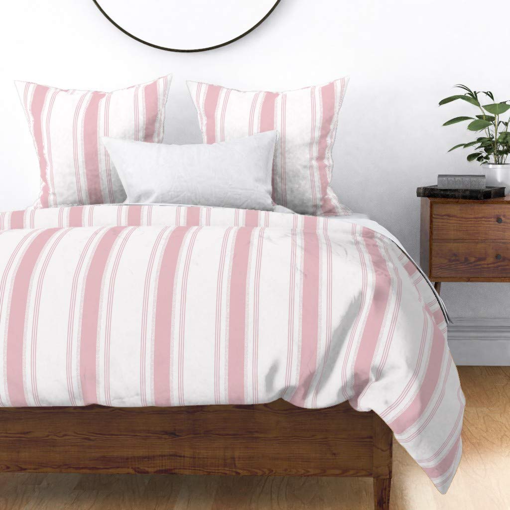 Custom French Pink Stripe Cotton Sateen Duvet Cover - Full/Queen Size Neutral Decor Bedding for Modern & Farmhouse Bedrooms