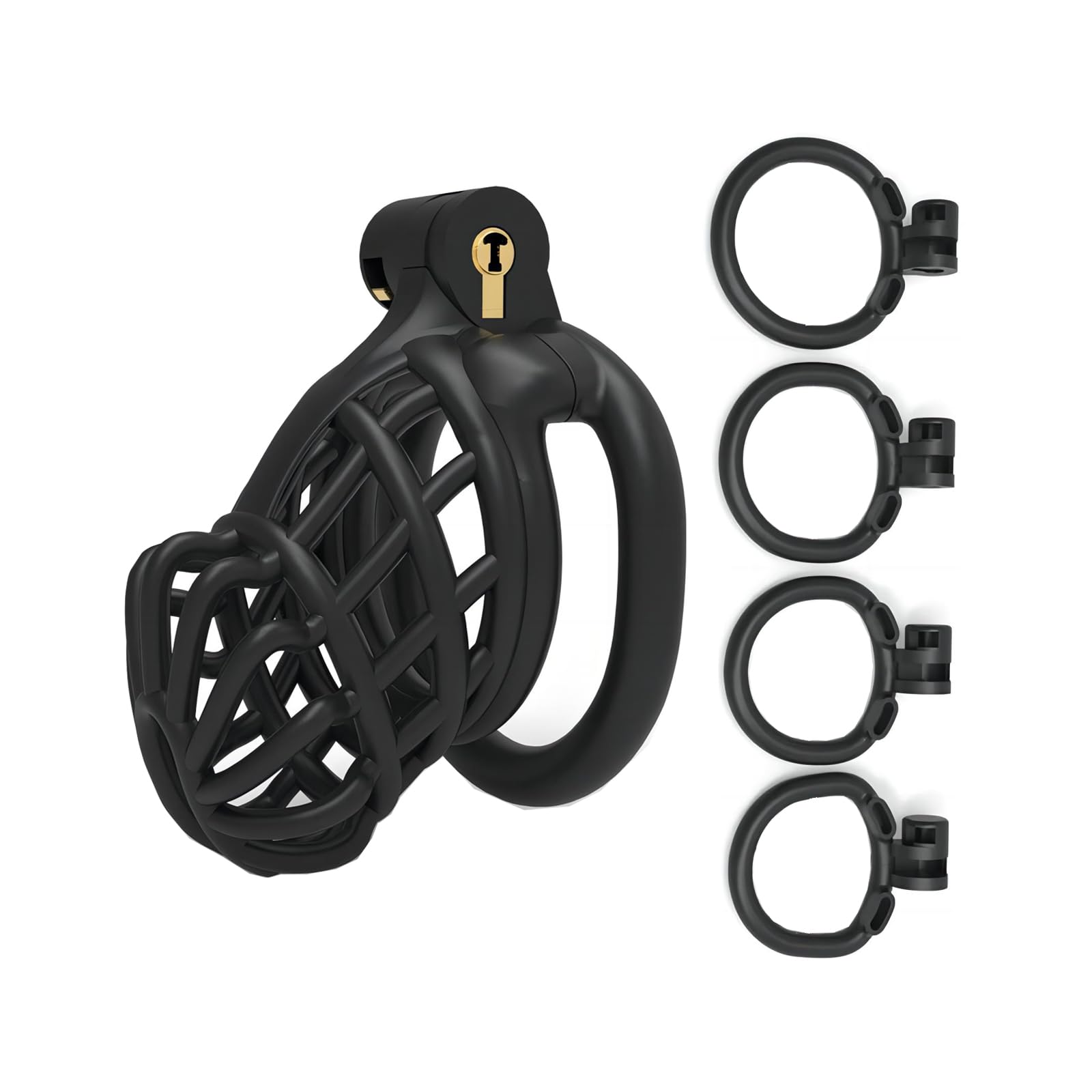 Lockable Hidden Penis Cage - Nylon Resin Chasteté Device with 4 Sizing Rings & 5 Coded Locks - SM Male Sex Toy for Penis Training (Flat Ring, Black) - Perfect for BDSM Play, Couples Bonding, and Solo Exploration