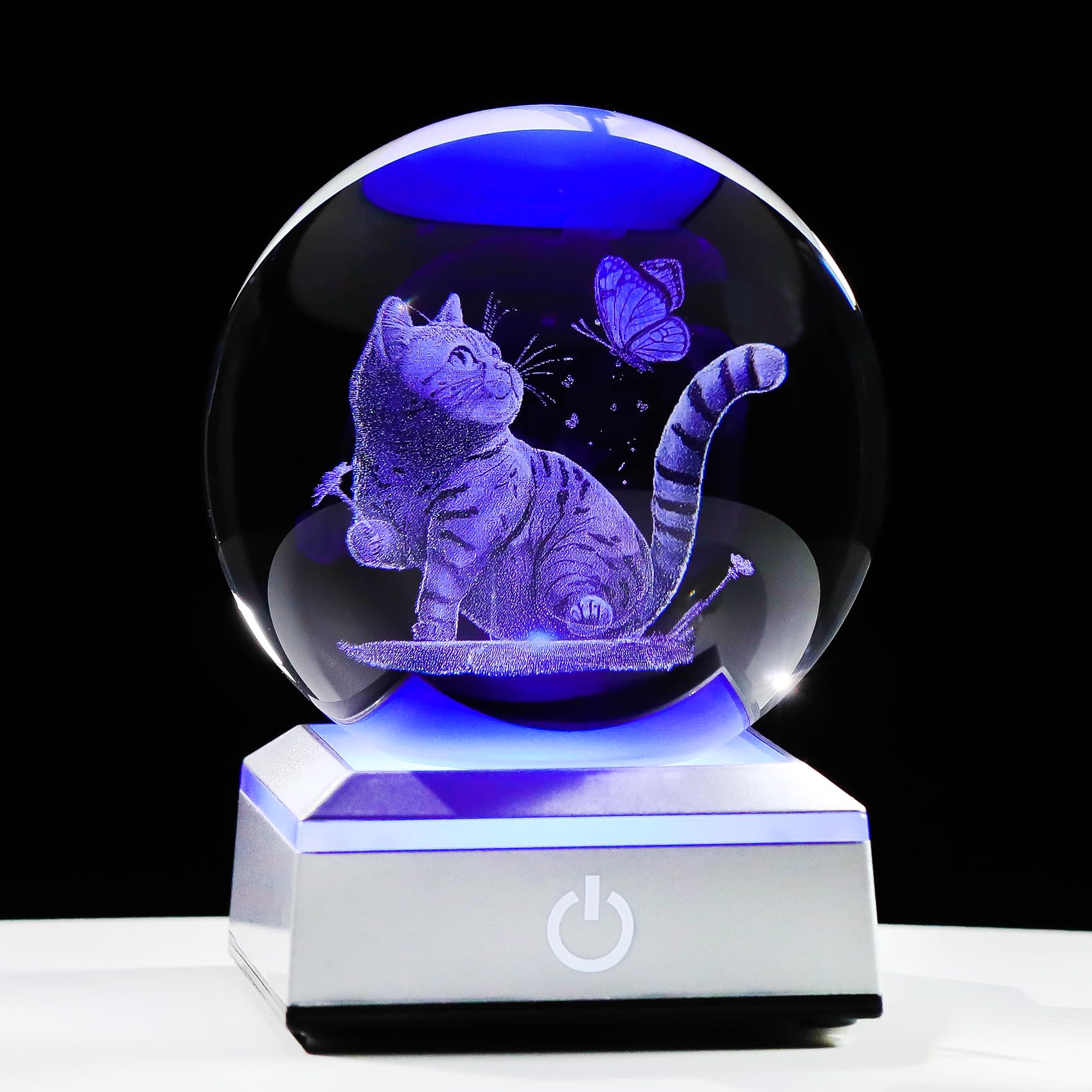 3.15in Crystal Ball Cat Night Light with LED Base - Engraved Cat & Butterflies Design - Perfect Gift for Women, Mom, Cat Lovers - Mother's Day, Birthday, Home Decor - Ideal for Bedroom, Nursery, Office Desk
