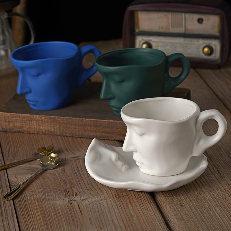 Premium Cappuccino Latte Cup and Saucer Set - Espresso Coffee Mugs with Creative Face Design - Fun Ceramic Tea Cups - Microwave & Dishwasher Safe - White - Perfect for Home, Office, and Cafe Use