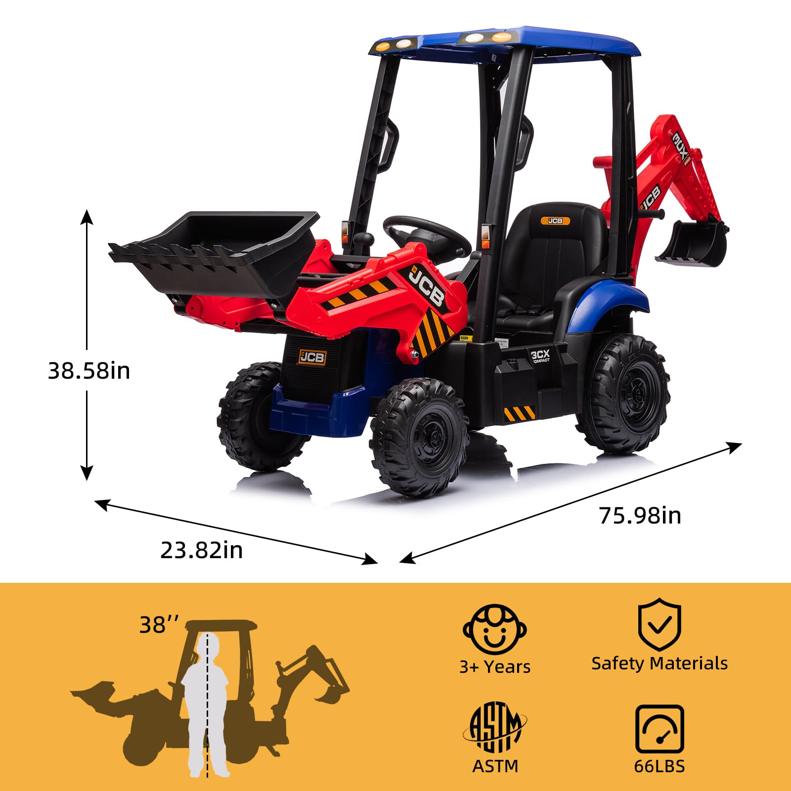 12V JCB Ride On Excavator Toy with Remote Control - Electric Construction Vehicle for Kids Ages 3-8 - Includes Tractor, Bulldozer & Digging Arm - Adjustable Speeds with Slow Start/Stop Safety Feature (Dark Red) - Perfect for Outdoor Play, Birthday Gifts & Construction-Themed Pretend Play