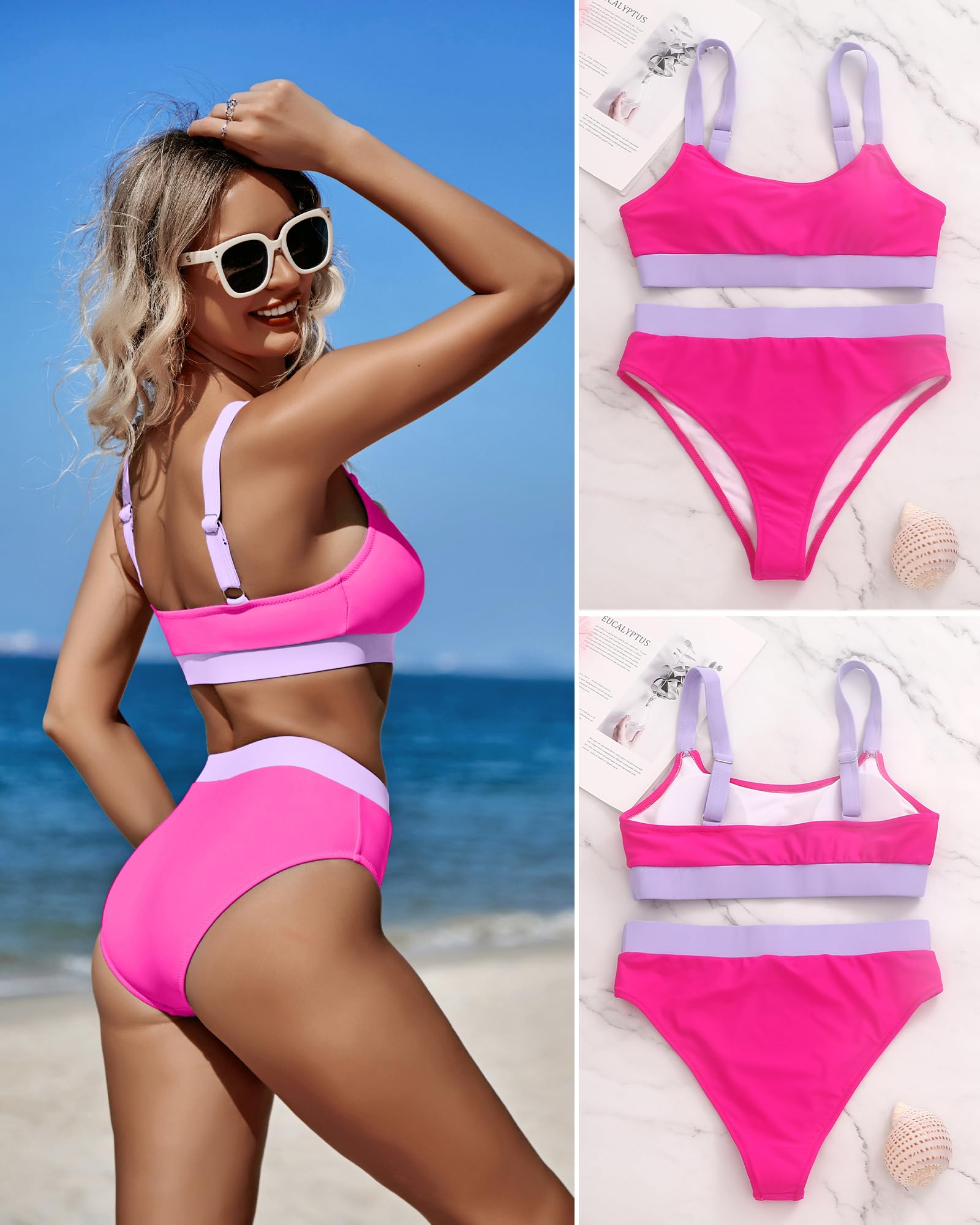 ZINPRETTY Women's High Waisted Bikini Set - Color Block Swimwear 2 Piece Bathing Suit with Tummy Control for Sporty Teens | Beach, Pool & Summer Vacation Outfits