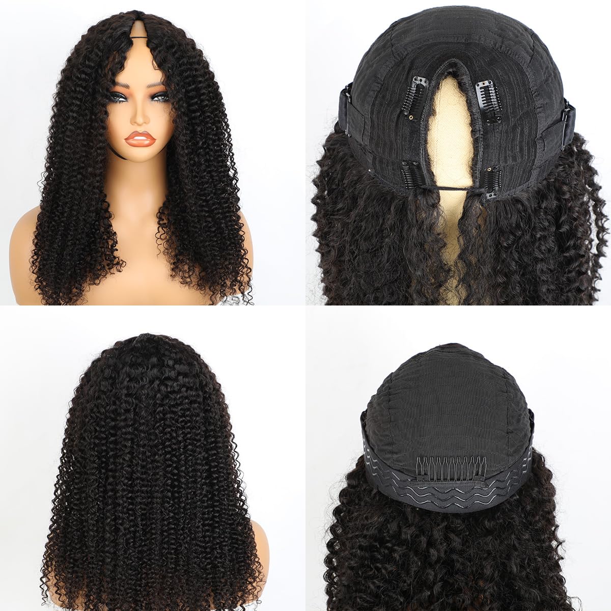 Domiso V Part Wig Human Hair - Glueless U Part Wig 180% Density Kinky Curly Wigs for Women | No Leave Out, No Glue, Beginner Friendly | 9A Brazilian Virgin Hair Natural Color 20 Inch | Perfect for Daily Wear, Parties & Special Occasions