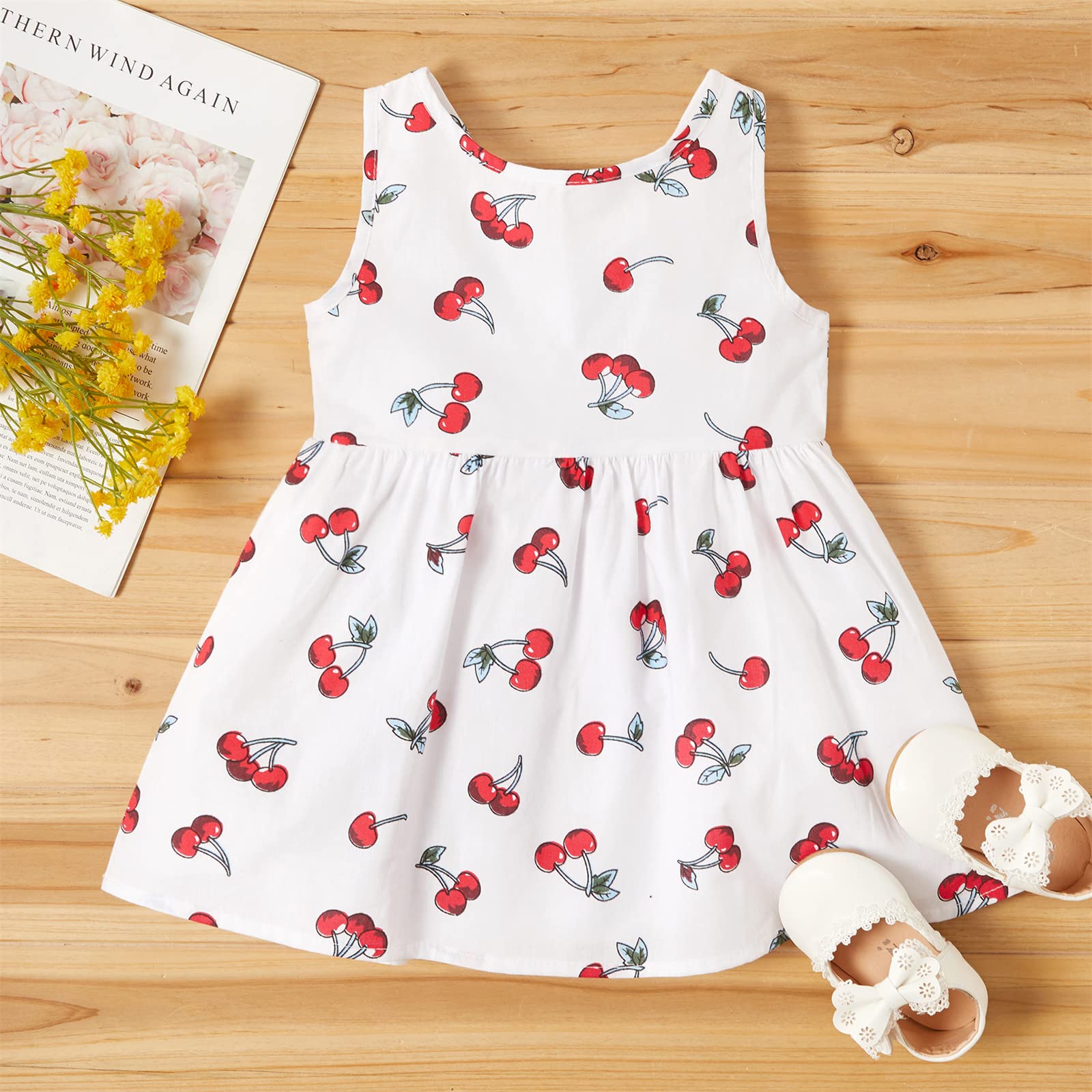 PATPAT 100% Cotton Cherry Print Backless Sleeveless Baby Dress - Soft & Comfortable Summer Outfit for Girls, Perfect for Beach, Party & Family Photos