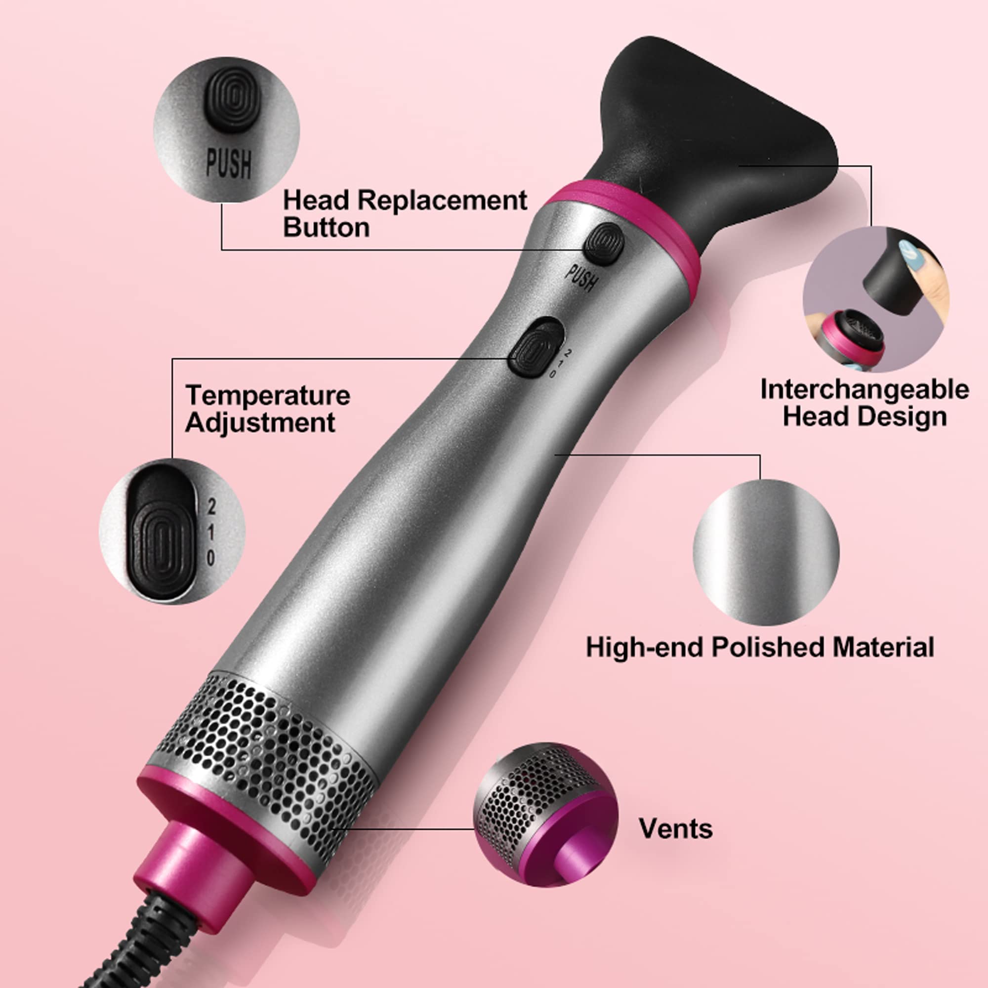 BY-812 Hair Dryer Brush - 2-in-1 Blow Dryer & Volumizing Hot Air Styler with Negative Ions, Detachable Interchangeable Brush Heads (Gray/Pink) for Salon-Quality Blowouts at Home - Perfect for Styling, Straightening & Adding Volume to All Hair Types
