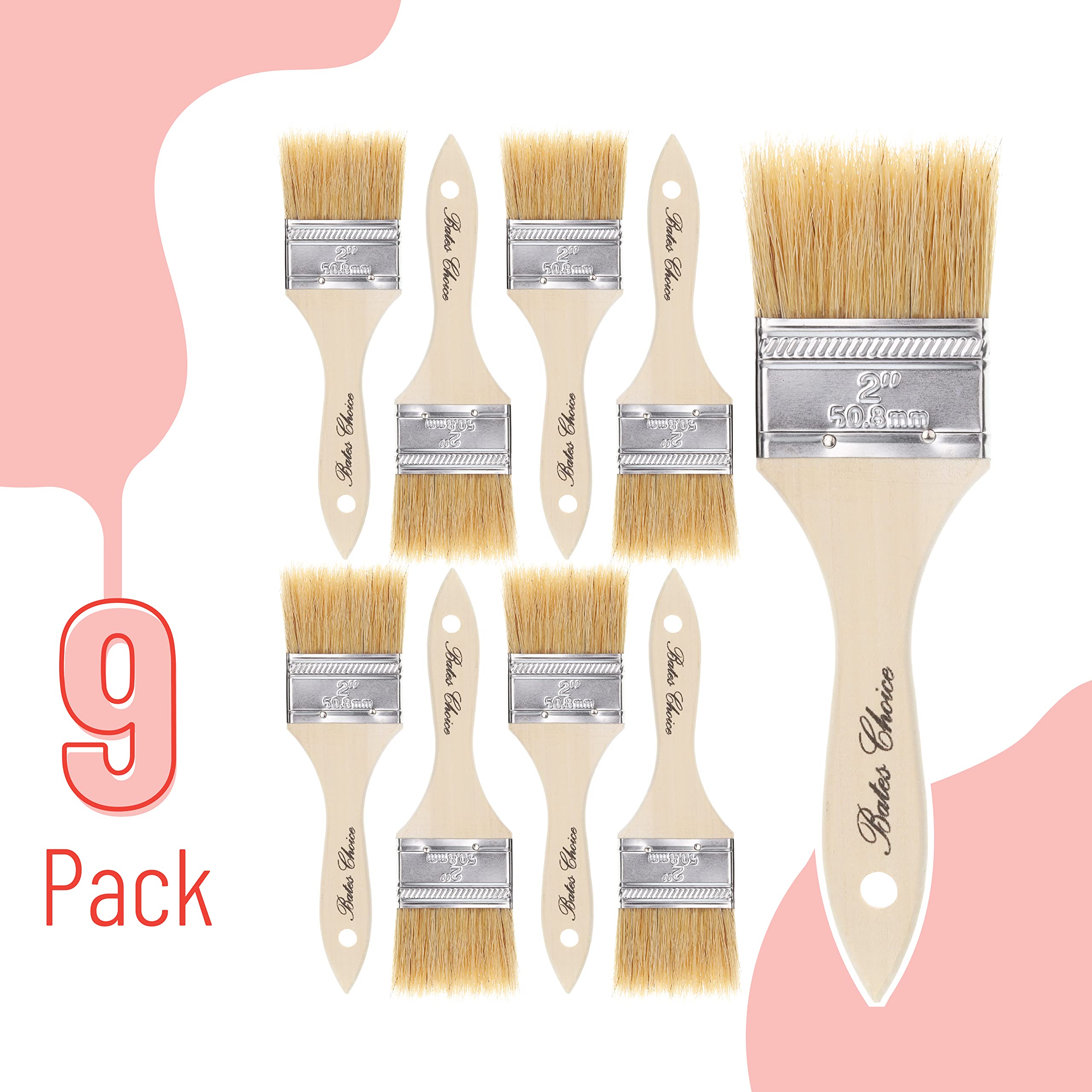 Bates 2 Inch Natural Bristle Chip Paint Brushes - 9 Pack for Wood Staining, Painting & DIY Projects - Perfect for Furniture, Cabinets & Home Renovation