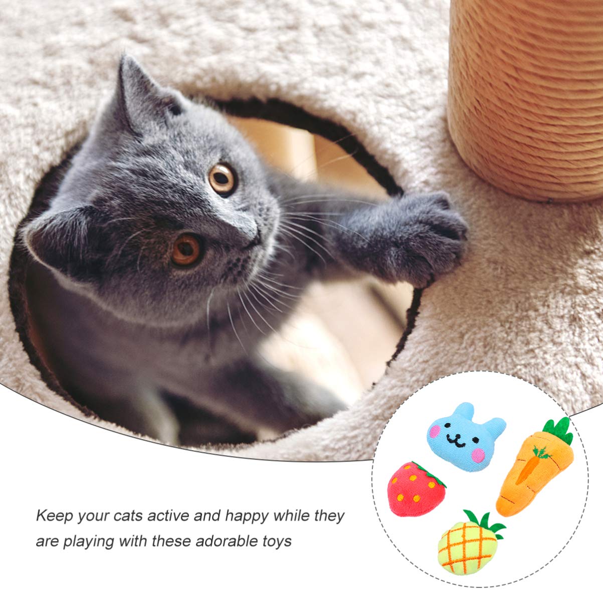 Balacoo 4Pcs Plush Kitten Chew Toys - Soft Cat Teething Toys with Cute Fruit Patterns for Teeth Cleaning, Play & Chewing | Perfect for Kittens & Adult Cats (Home, Travel, Interactive Play)