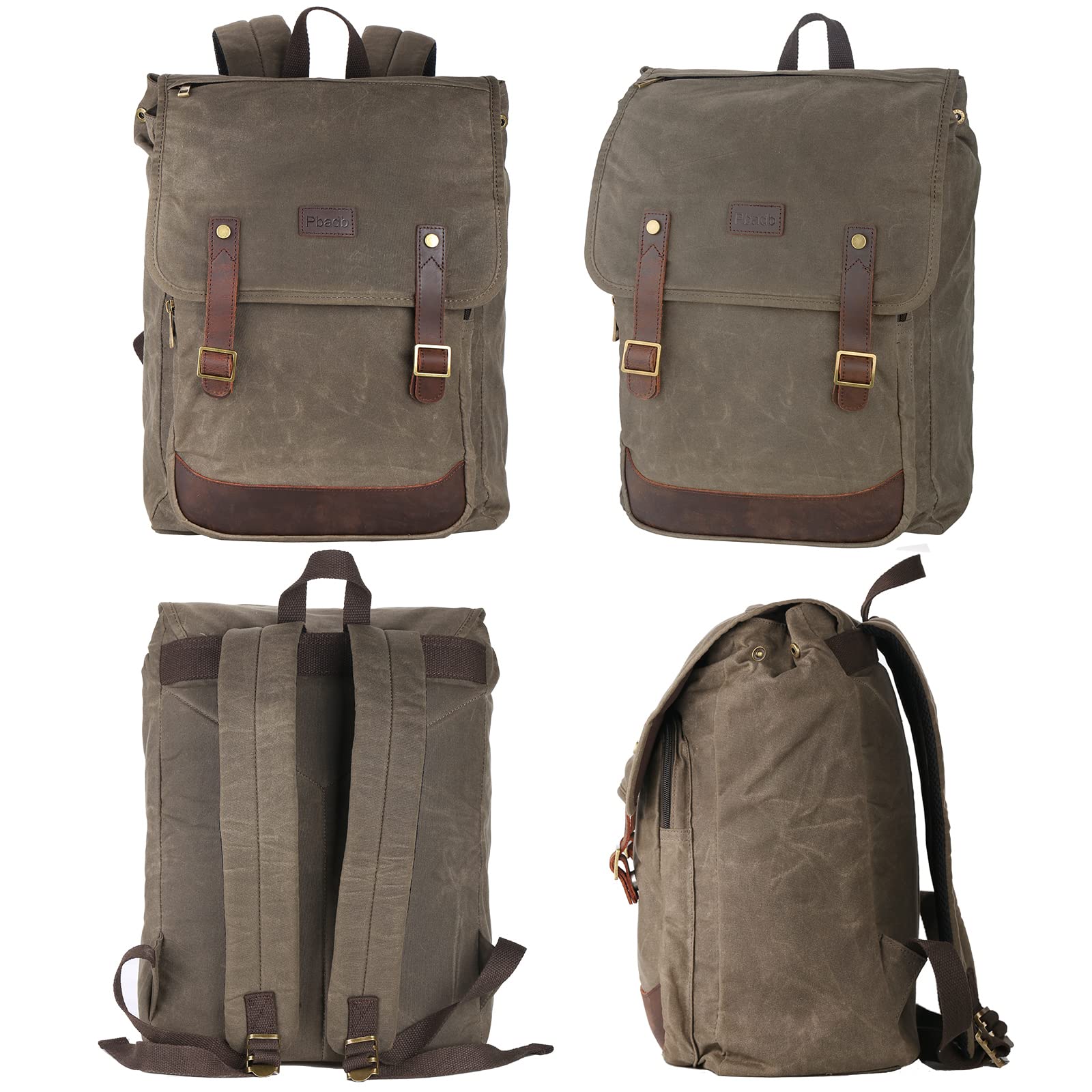 Waterproof Waxed Canvas Backpack for Men - Durable Travel Rucksack with Leather Trimming (Green) | Perfect for Hiking, Camping & Daily Commute