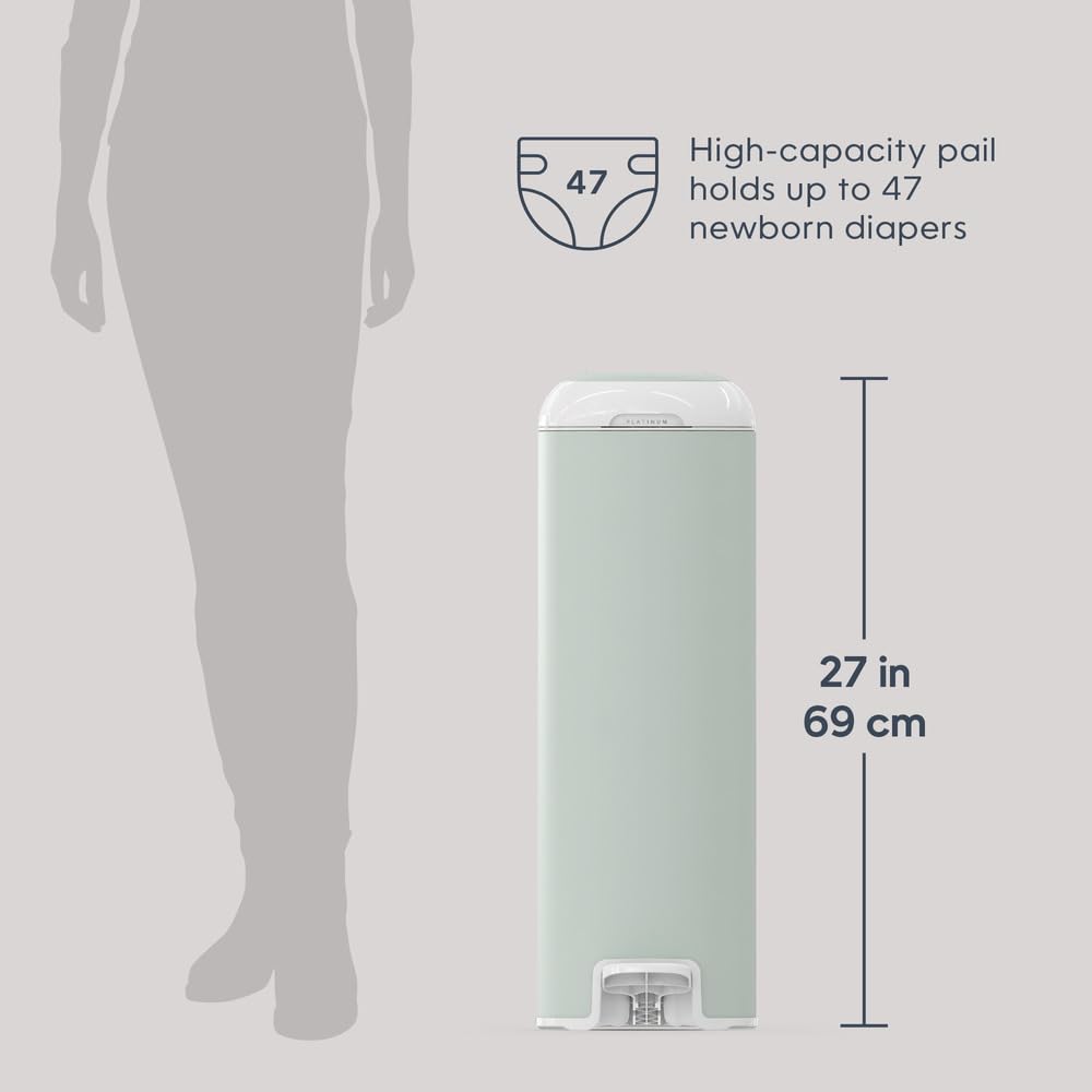 Diaper Genie Platinum Diaper Pail - Stainless Steel Baby Diaper Disposal System with Odor Control, Includes 1 Easy Roll Refill (18 Bags), Sage Green - Perfect for Nursery, Baby Room & Daycare Centers