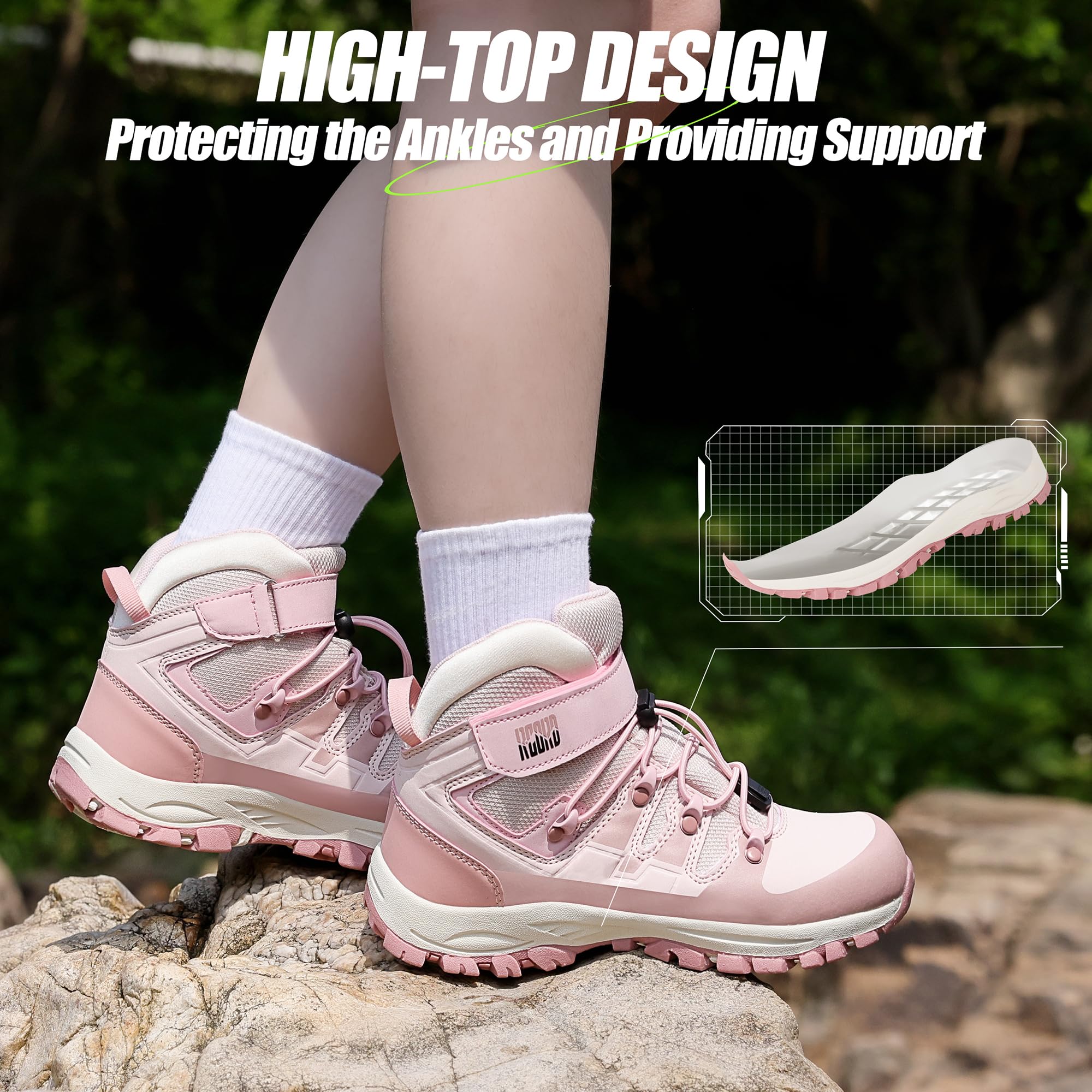 **Waterproof Kids Hiking Boots for Girls - Durable TPR Traction & Anti-Skid Soles - Drawstring Closure for Secure Fit - Perfect for Outdoor Adventures, Hiking & Trail Running**