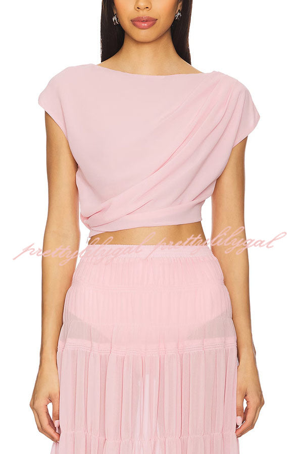 Elegant Chiffon Ruched Shoulder Short Sleeve Crop Top Women's Fashion Blouse for Summer Outfits, Date Night & Party Wear