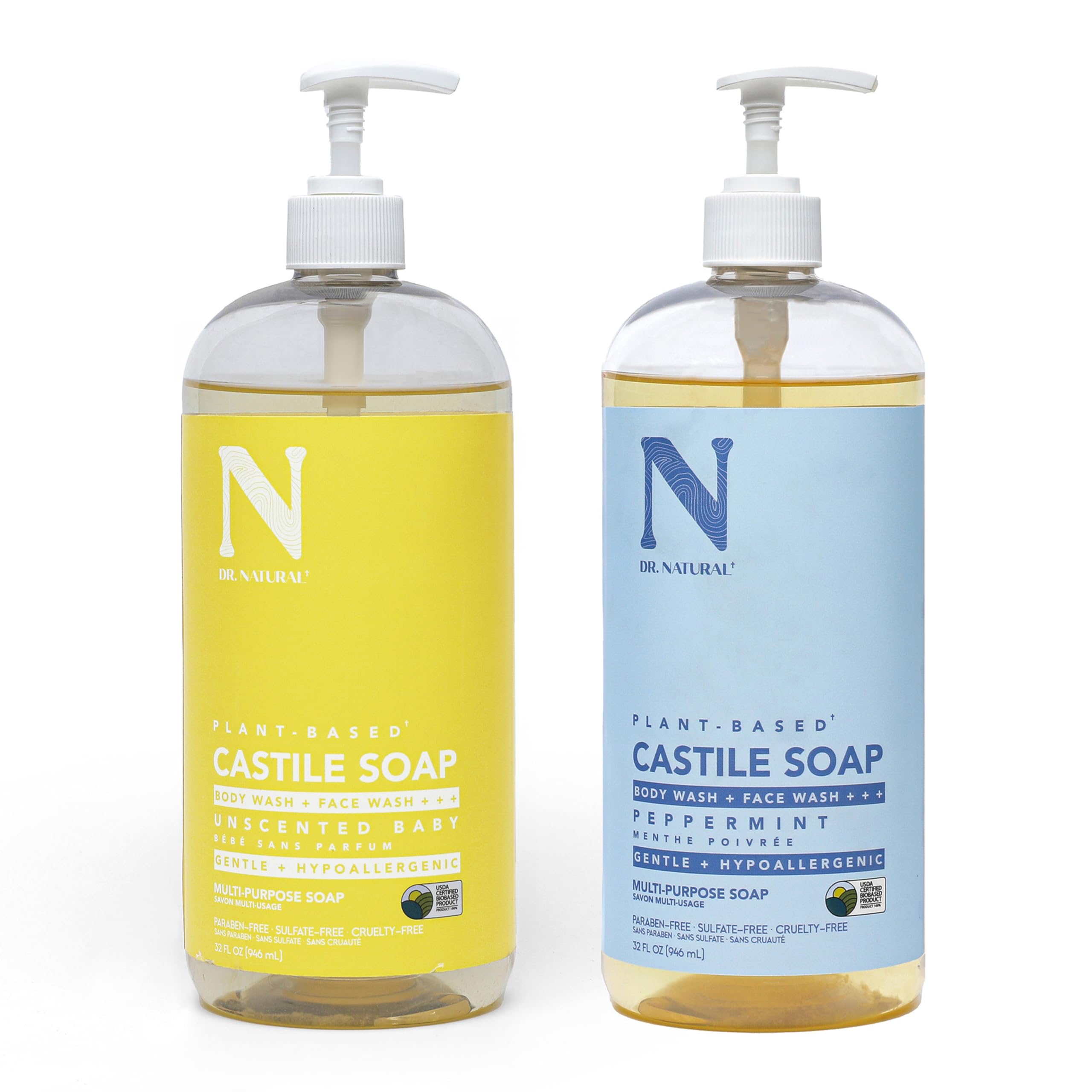 Dr. Natural Castile Liquid Soap Set - Organic Multi-Purpose Body Wash, Shampoo & Facial Cleanser - Hydrating for Skin, Hair, Pets & Home - Peppermint & Fragrance-Free Baby Safe - 32oz - Perfect for Travel, Camping & Eco-Friendly Household Use