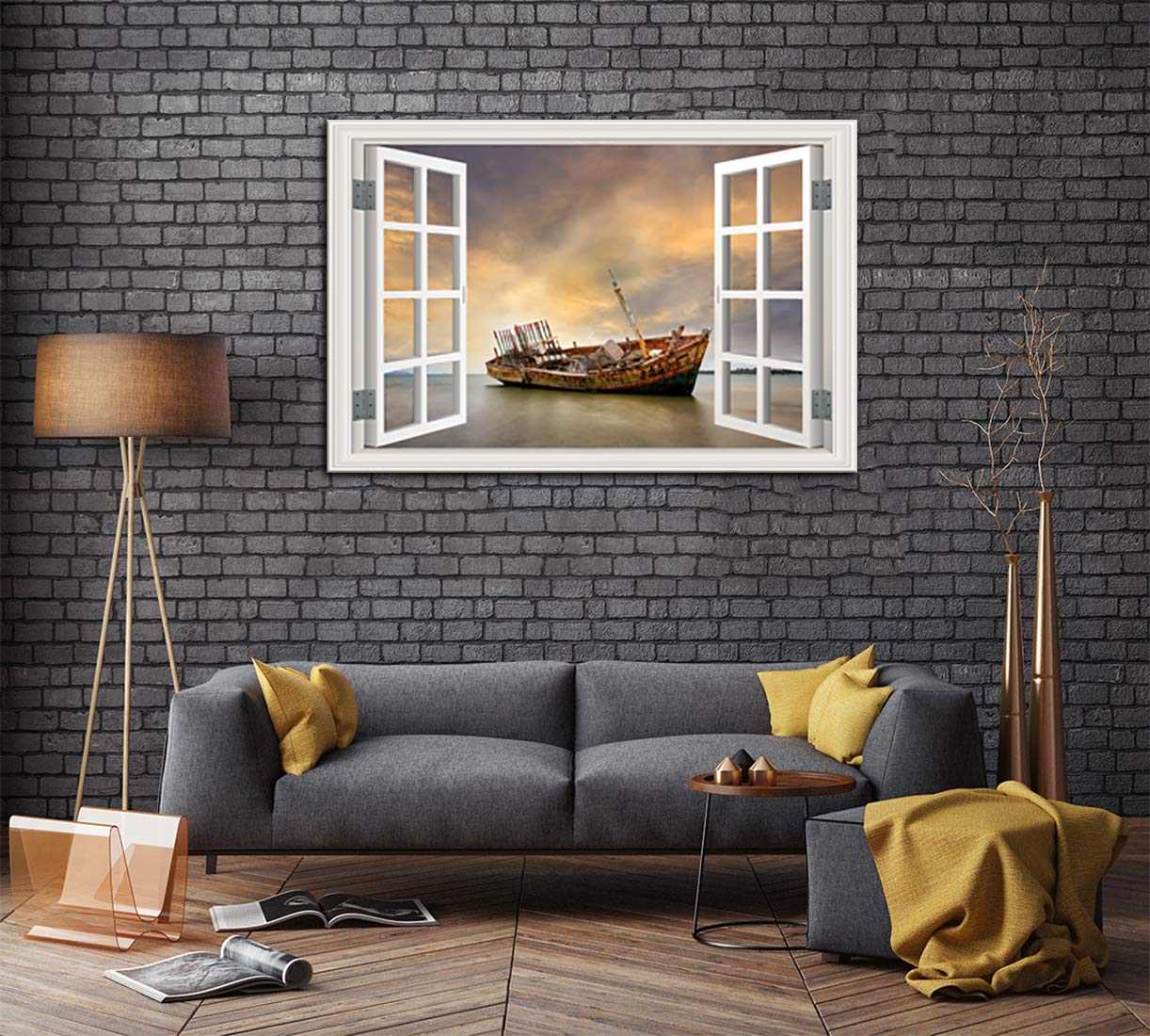Urttiiyy Framed Canvas Wall Art - Abandoned Fishing Boat Beach Sunset Seascape Landscape Painting, Stretched & Ready to Hang - Coastal Home Decor for Living Room, Bedroom, Office (16x24 Inches) | Perfect for Beach House, Nautical Theme or Coastal Inspired Interior Design