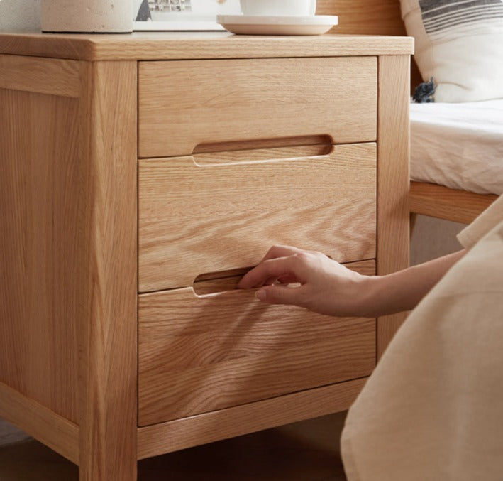 Solid Oak Wood Nightstand with 3 Drawers - Bedside Table for Bedroom, Living Room, or Office Storage