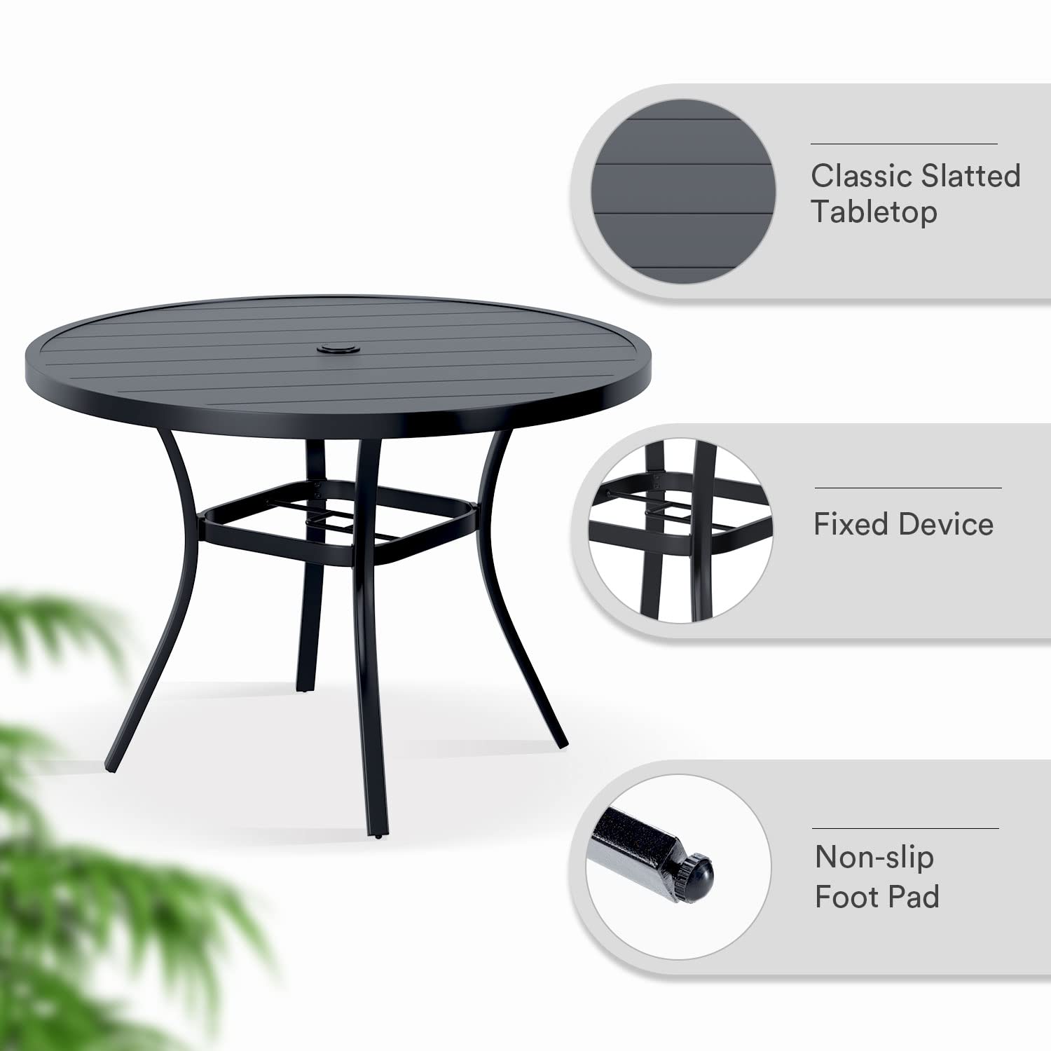 VICLLAX 42 Inch Round Outdoor Patio Dining Table - Metal Slatted Tabletop with Adjustable Umbrella Hole - Weather-Resistant Black Garden Table for Deck, Lawn, Backyard | Perfect for BBQ Parties, Poolside Dining & Outdoor Entertaining